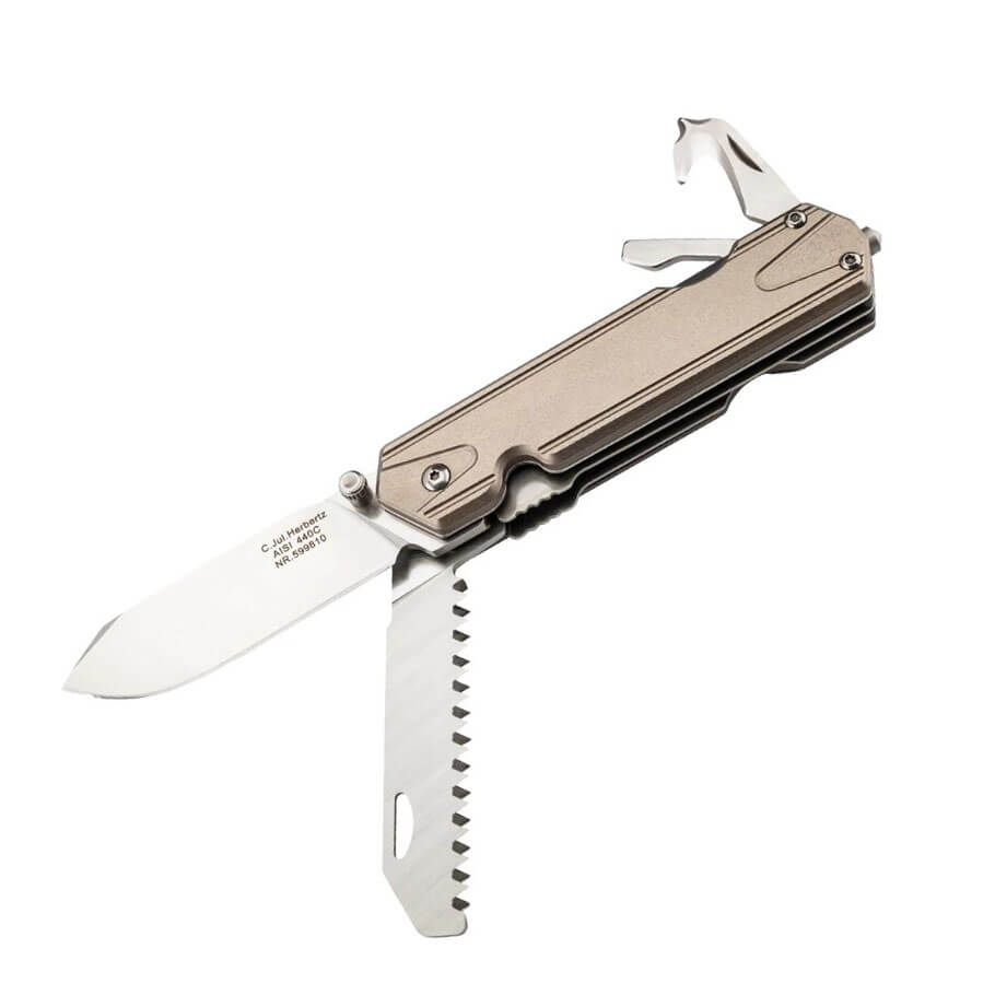 Multi-purpose folding knife with saw blade and stainless steel ha...