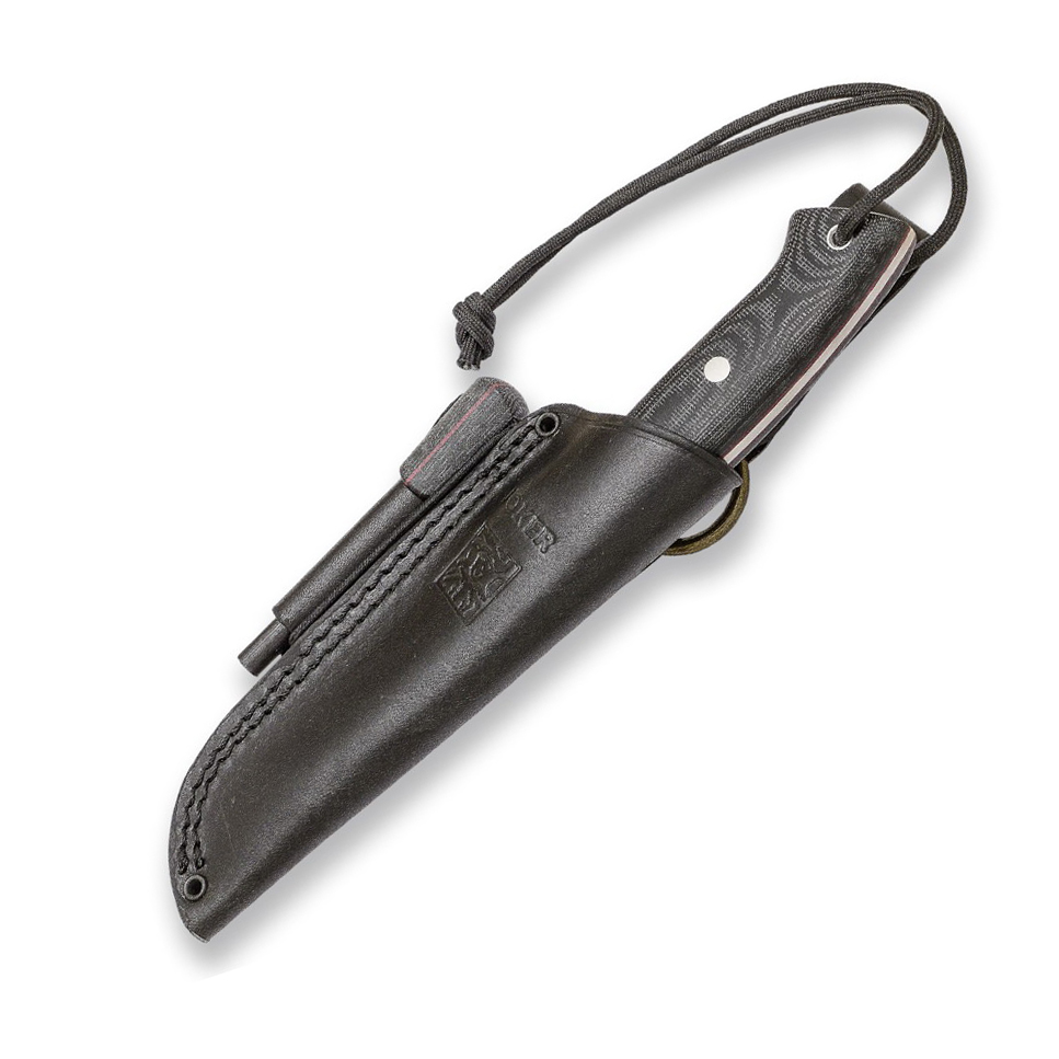 Faca Joker Ranger com cabo de lona micarta. Inclui bainha em pele de vaca com pederneira.