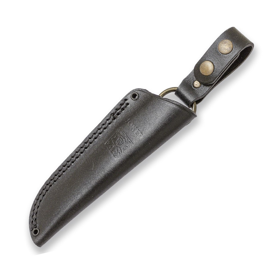 Cuchillo Joker Ranger con mango de micarta canvas y filo plano. Incluye funda de vaquetilla. 