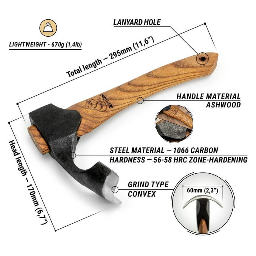 Hache compacte AX2 avec lame courbée et arquée et manche en bois