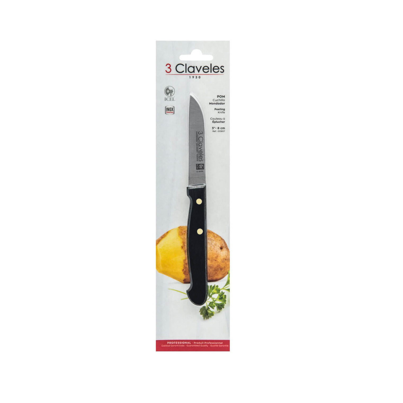cuchillo de verduras filo plano y hoja 8 cm mango de pom 3 Claveles