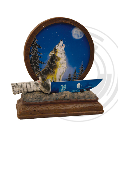 Faca decorativa em resina com desenho de lobo e luzes led