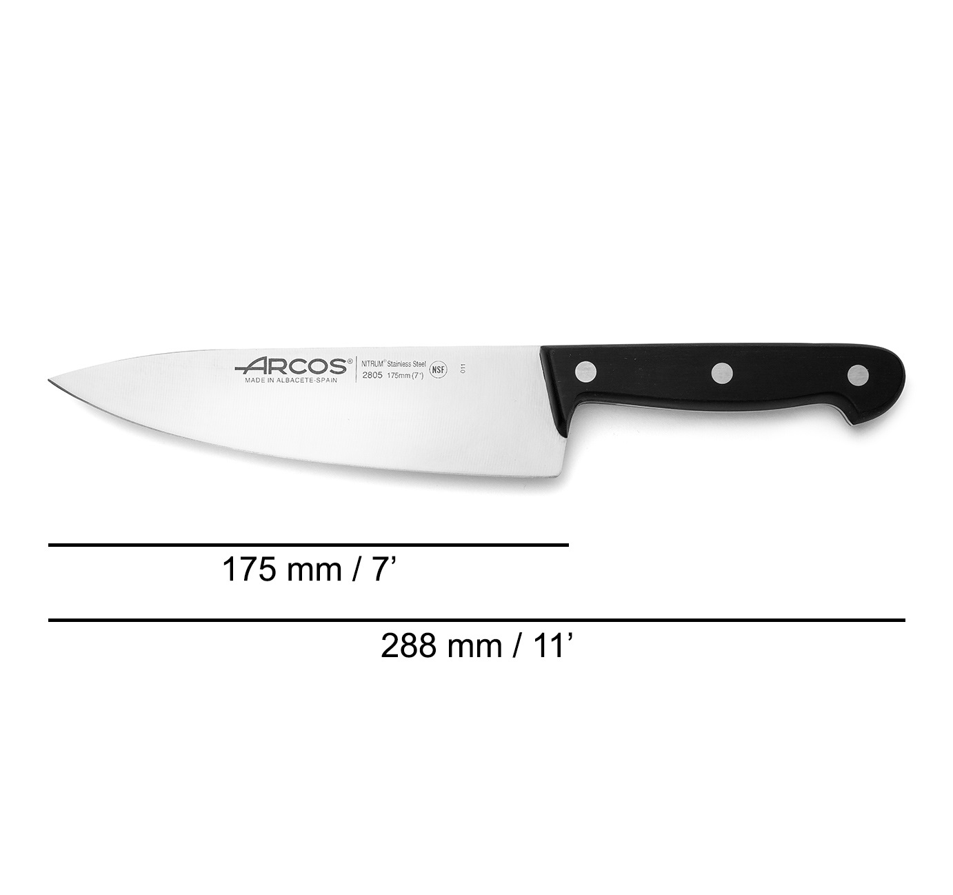 Cuchillo cocinero Arcos Universal con mango de polioximetileno negro y hoja ancha de 175 mm