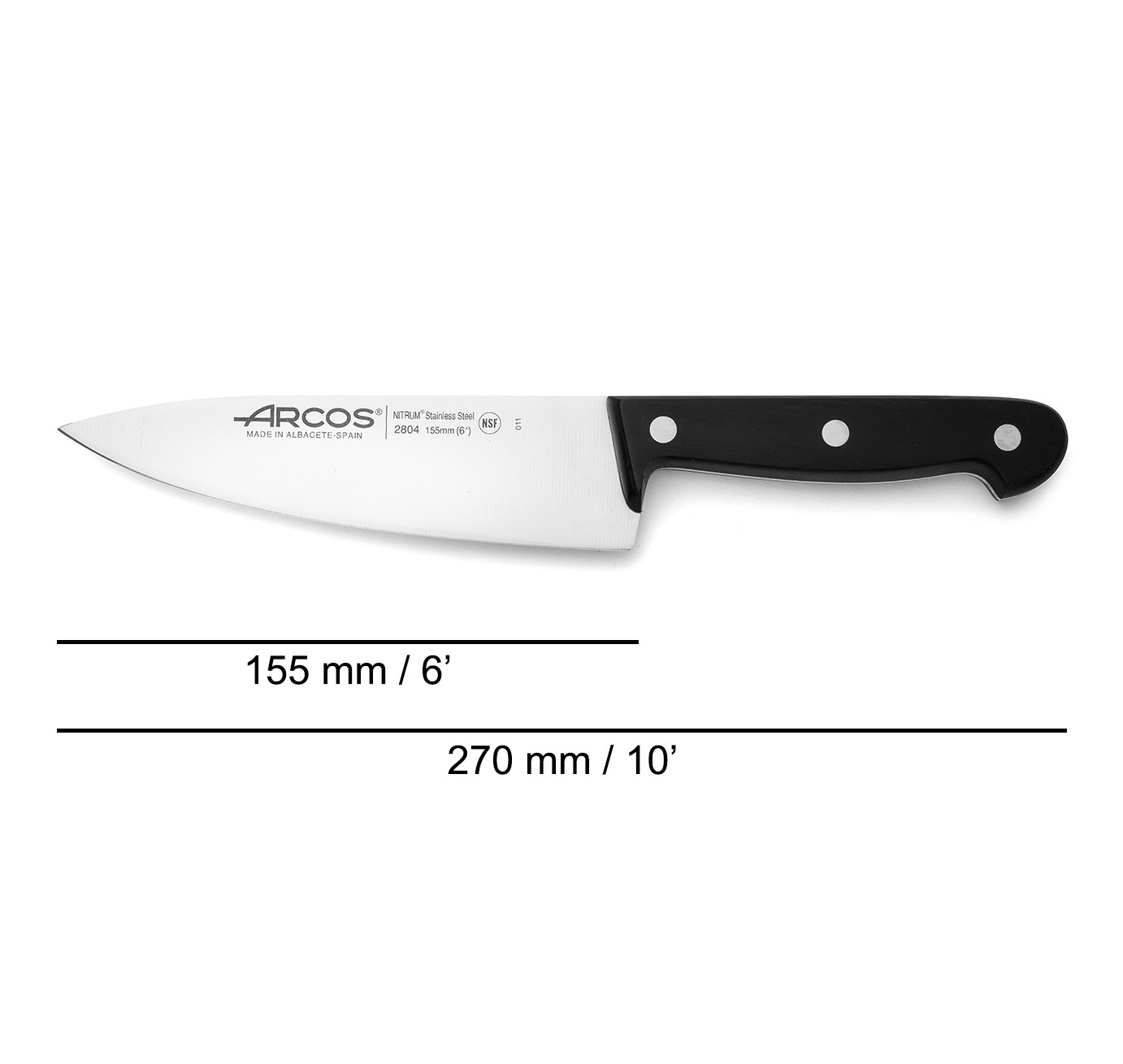 Cuchillo cocinero Arcos Universal con mango de polioximetileno negro y hoja ancha de 155 mm