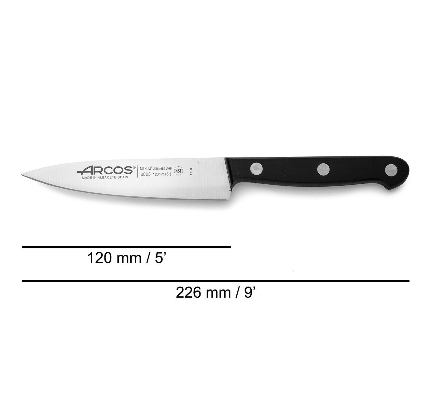 Cuchillo cocinero Arcos Universal con mango de polioximetileno negro y hoja ancha de 120 mm