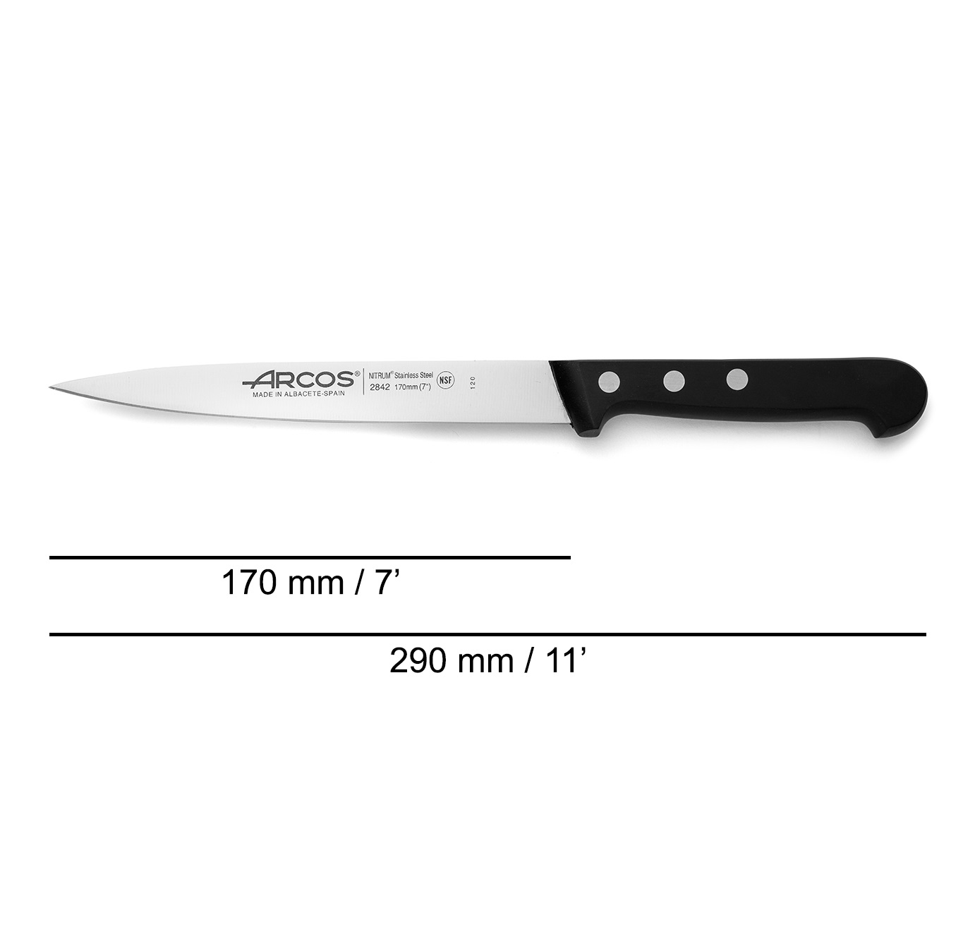 Faca de sola universal Arcos com cabo em polioximetileno preto e lâmina estreita de 170 mm