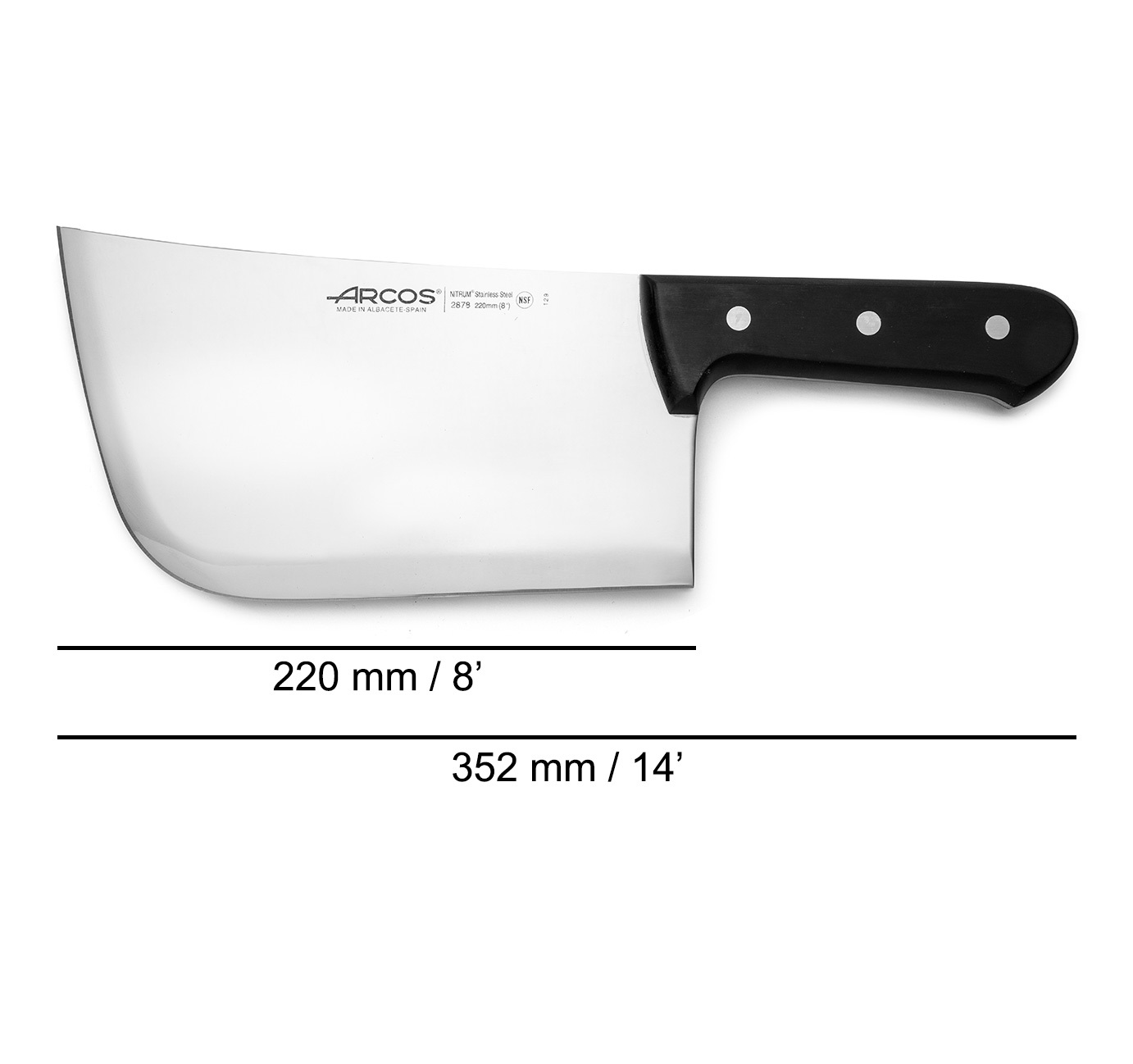 Hachuela de cocinero Arcos Universal con mango de polioximetileno negro y hoja estrecha de 220 mm