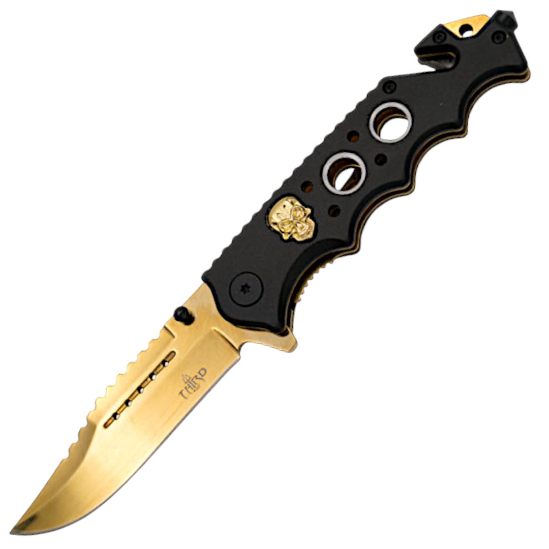 Taktisches Taschenmesser mit Totenköpfen, vergoldet 17141D