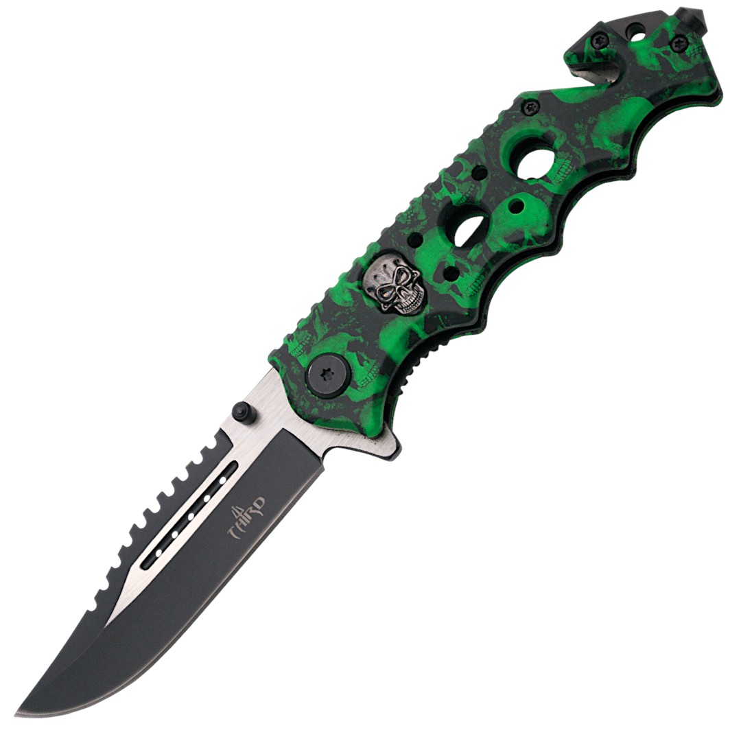 Canivete tático com cabo com caveiras verdes 17141V