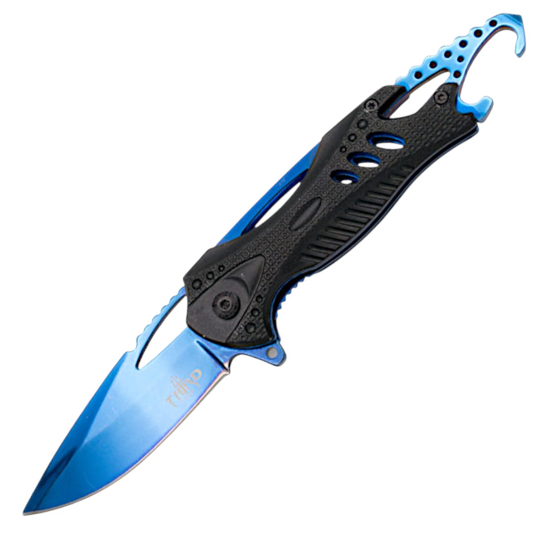 Navaja táctica azul con abrebotellas