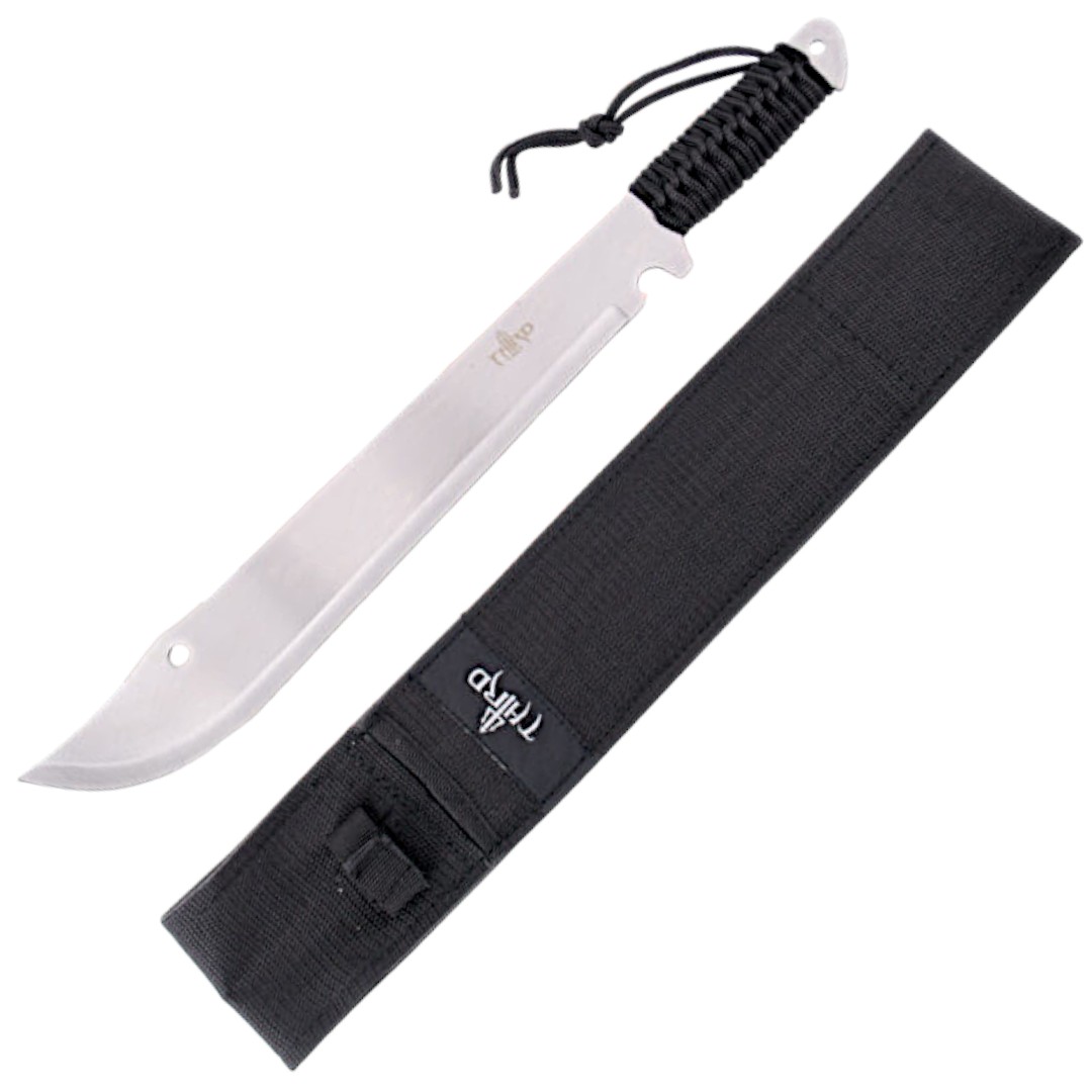 Machete con hoja satinada de 39 cm y mango encordado negro
