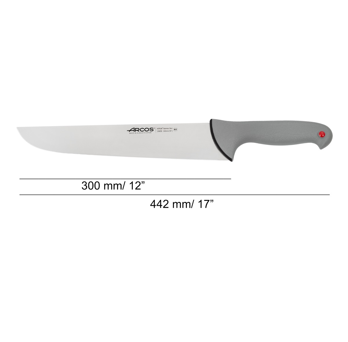 Arcos Fleischermesser mit einer 300 mm langen Colour Prof-Klinge und einem grauen, doppelt eingespritzten Griff