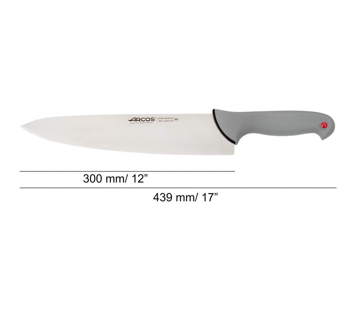 Arcos Kochmesser mit einer 300 mm langen Colour Prof-Klinge und einem grauen, doppelt gespritzten Griff