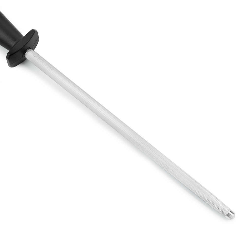 Chaira Arcos em aço carbono cromado com lâmina de 25 cm de comprimento e 10 mm de diâmetro com gancho para pendurar