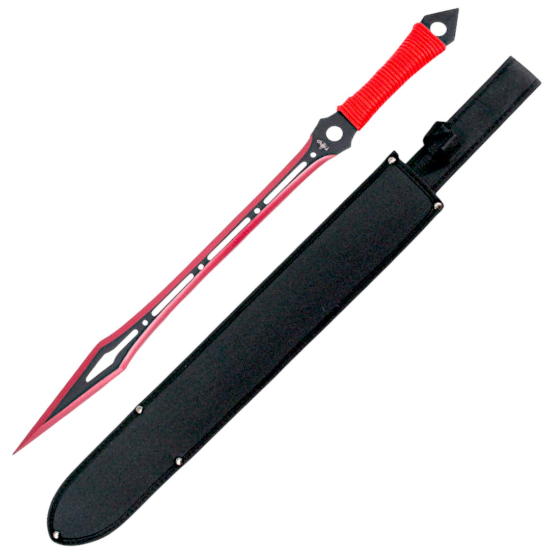 Machete com lâmina de aço 420 preta e vermelha e cabo preto com c...