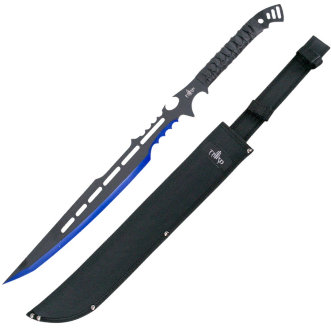 Black and blue machete with black braided handle