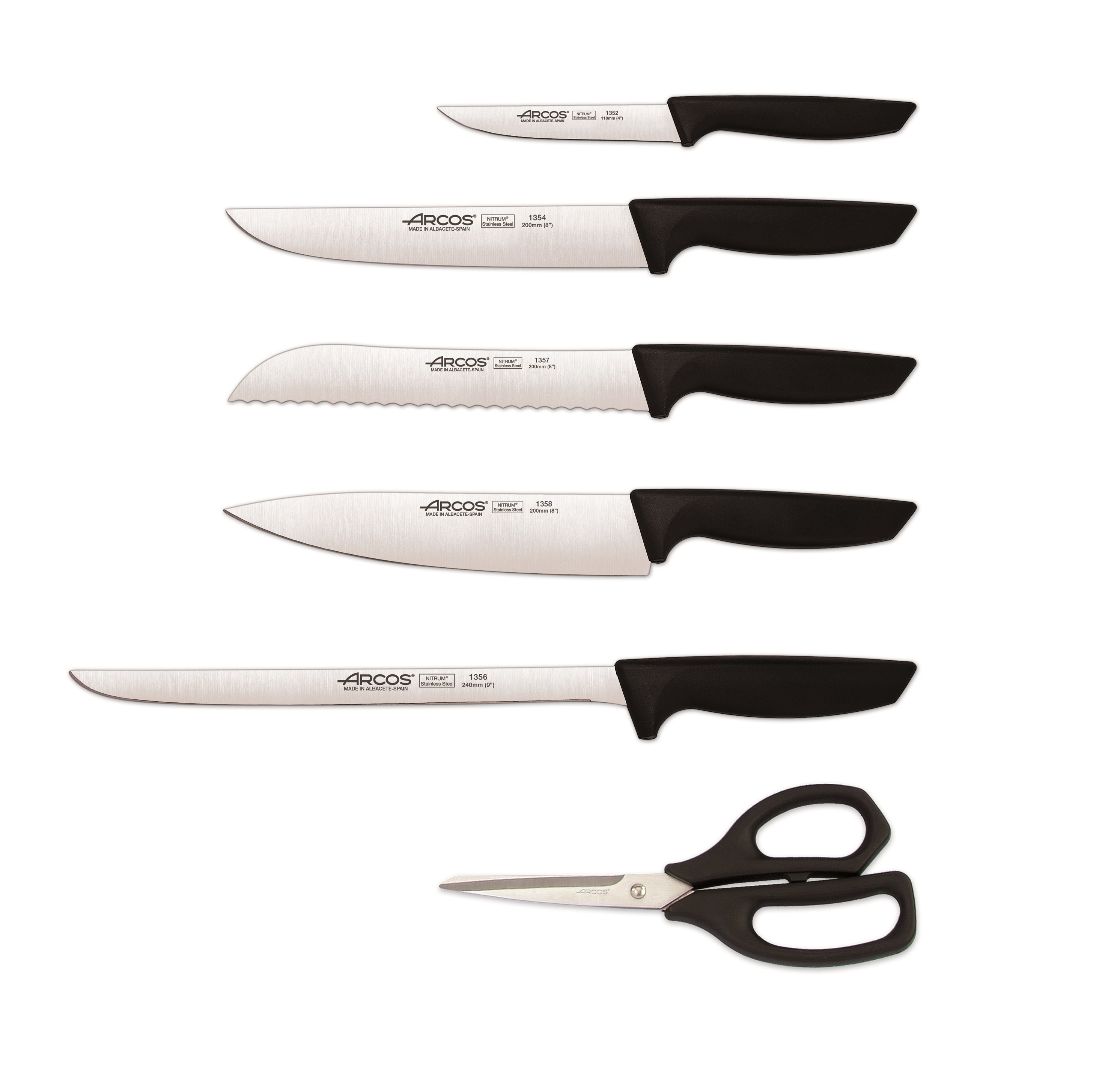 Conjunto de cozinha Arcos Niza com 5 facas e tesouras, cabo em polipropileno preto