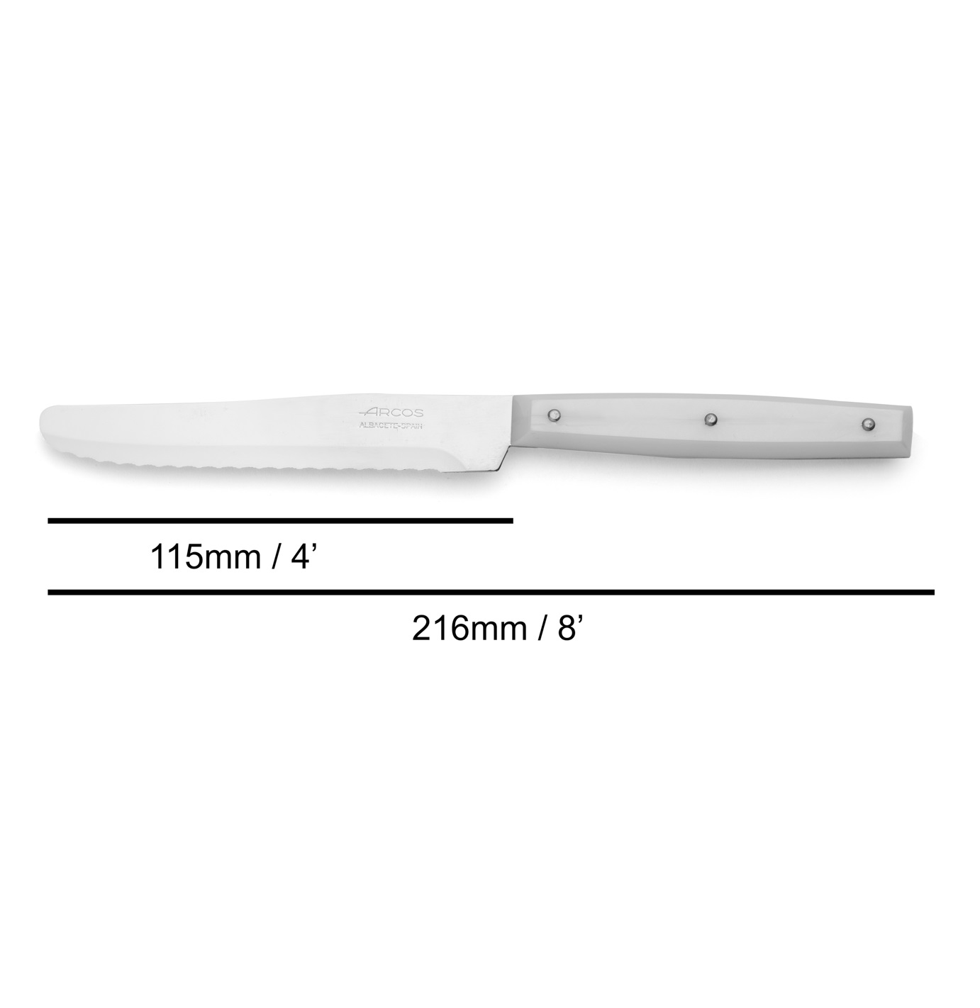 12 couteaux de table Arcos de 216 mm avec manche en polyamide blanc et lame de 11,5 cm