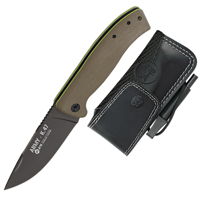 Sport taschenmesser aus K25 mit grunem micarta griff und ledersch...