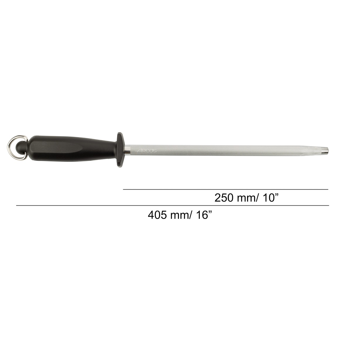 Arcos 250x13 mm verchromter Anspitzer aus Kohlenstoffstahl mit schwarzem Polypropylengriff und Haken