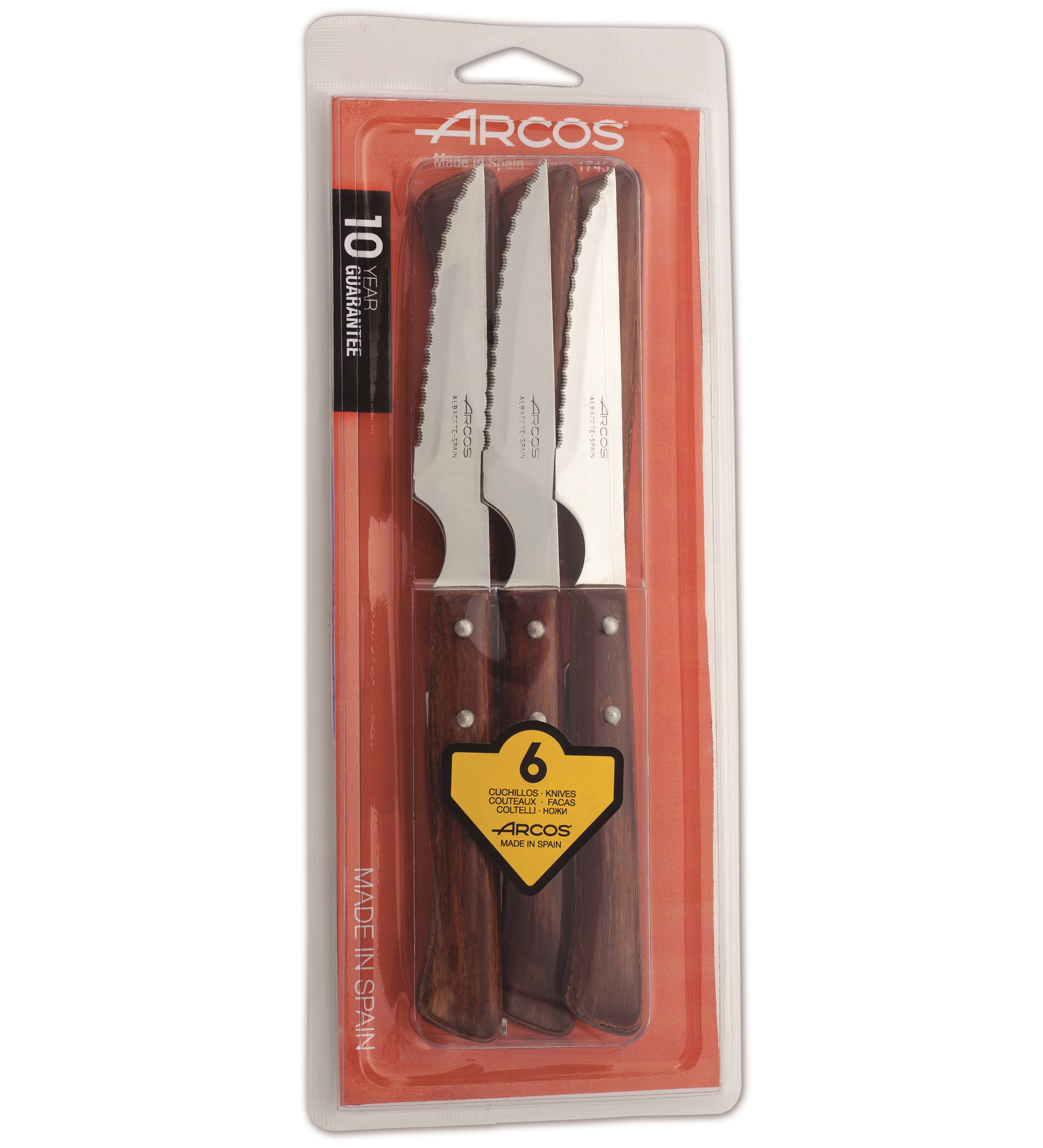 Set of 6 Arcos steak knives with serrated edge and wooden handle