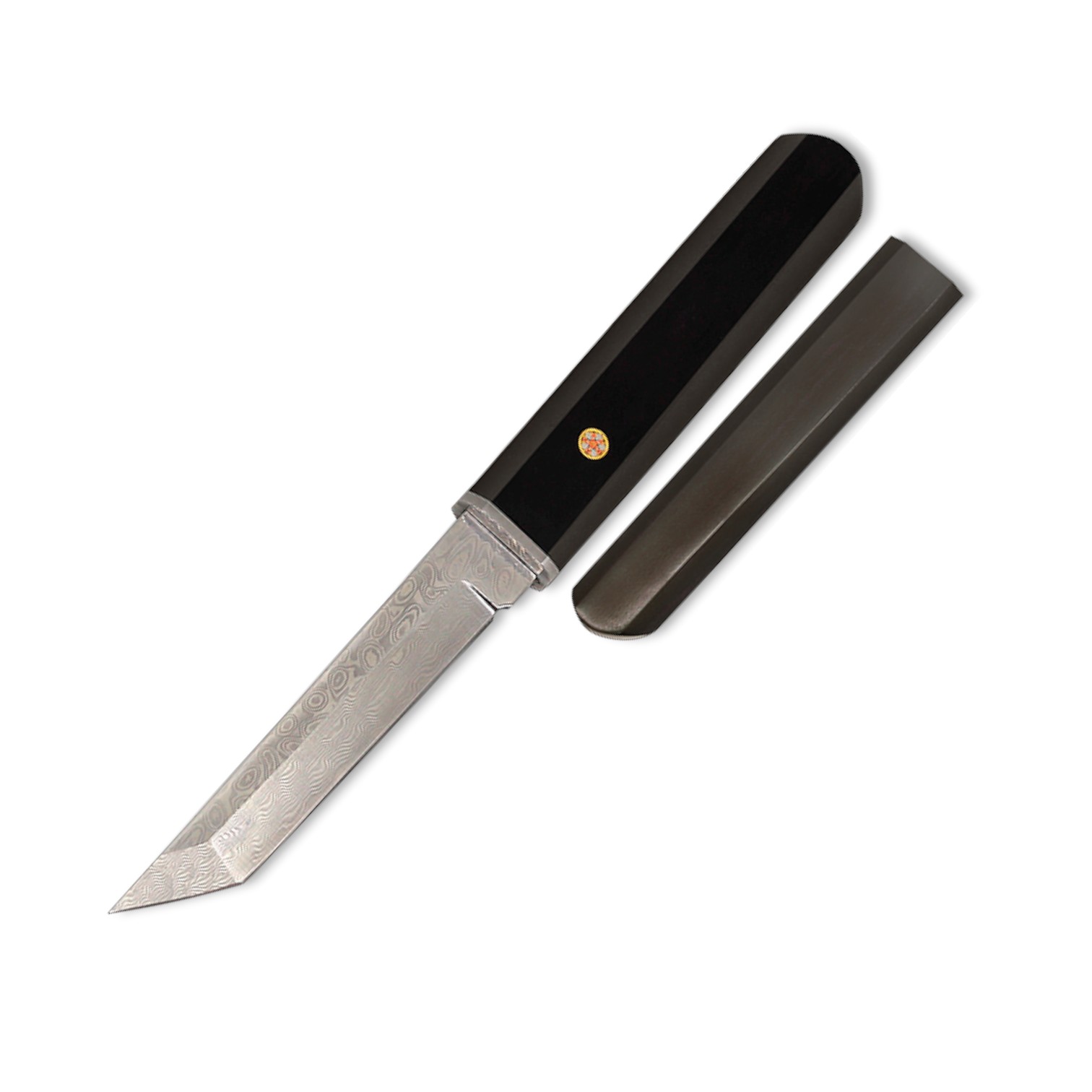 Knife with a 10.50cm tanto blade with a shiny Damascus finish