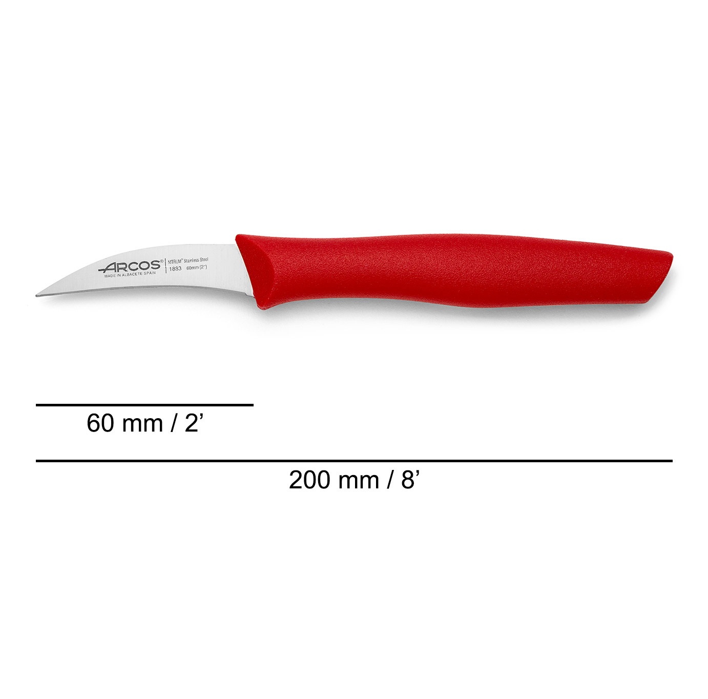Arcos Nova set of 2 paring knives: 1 curved with a 60mm blade and 1 pointed 100mm knife with a red polypropylene handle