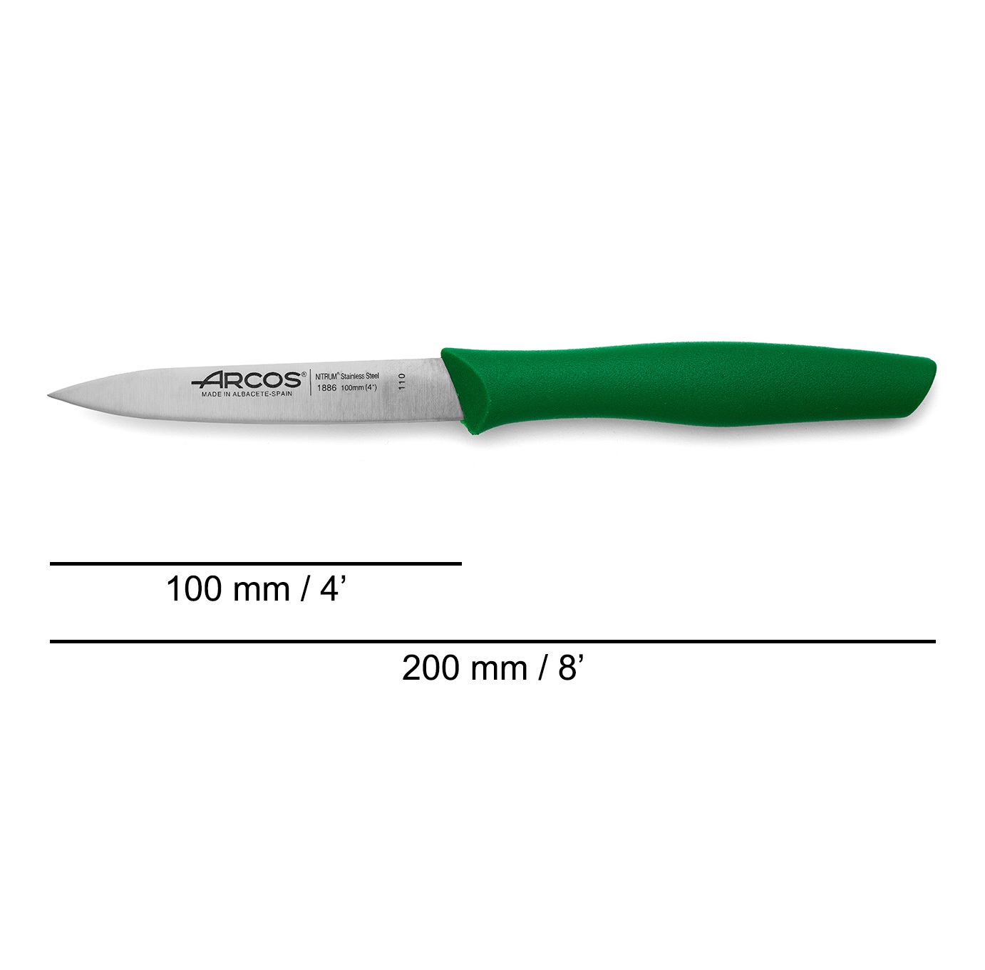 Set di 2 coltelli da cucina Arcos Nova: 1 curvo con lama da 60 mm e 1 a punta da 100 mm con manico in polipropilene verde