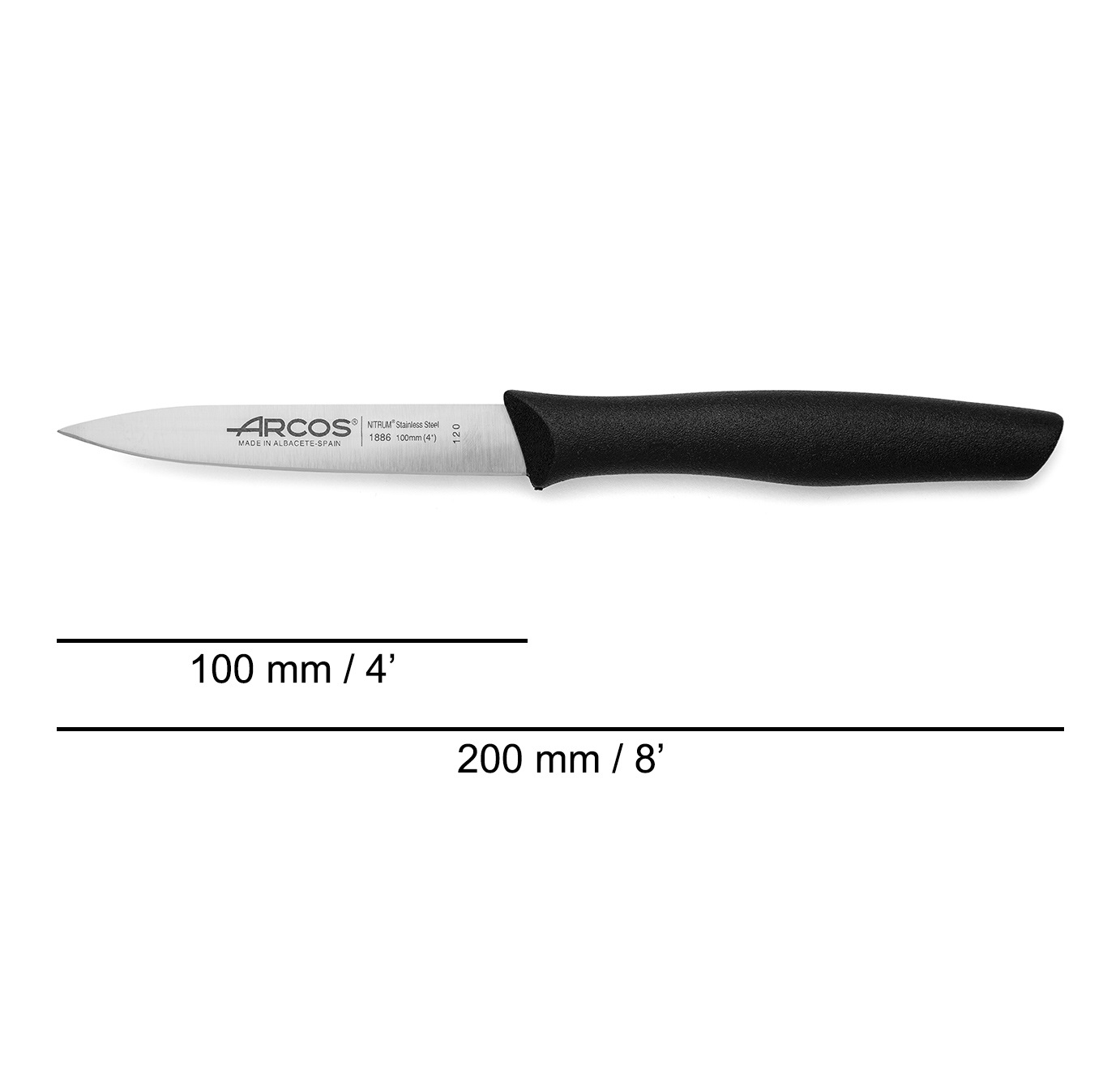 Arcos Nova 3-piece paring knife set: 1 curved knife with a 60mm blade, 1 serrated pointed knife, and 1 smooth-edged knife with a 100mm blade and a black polypropylene handle