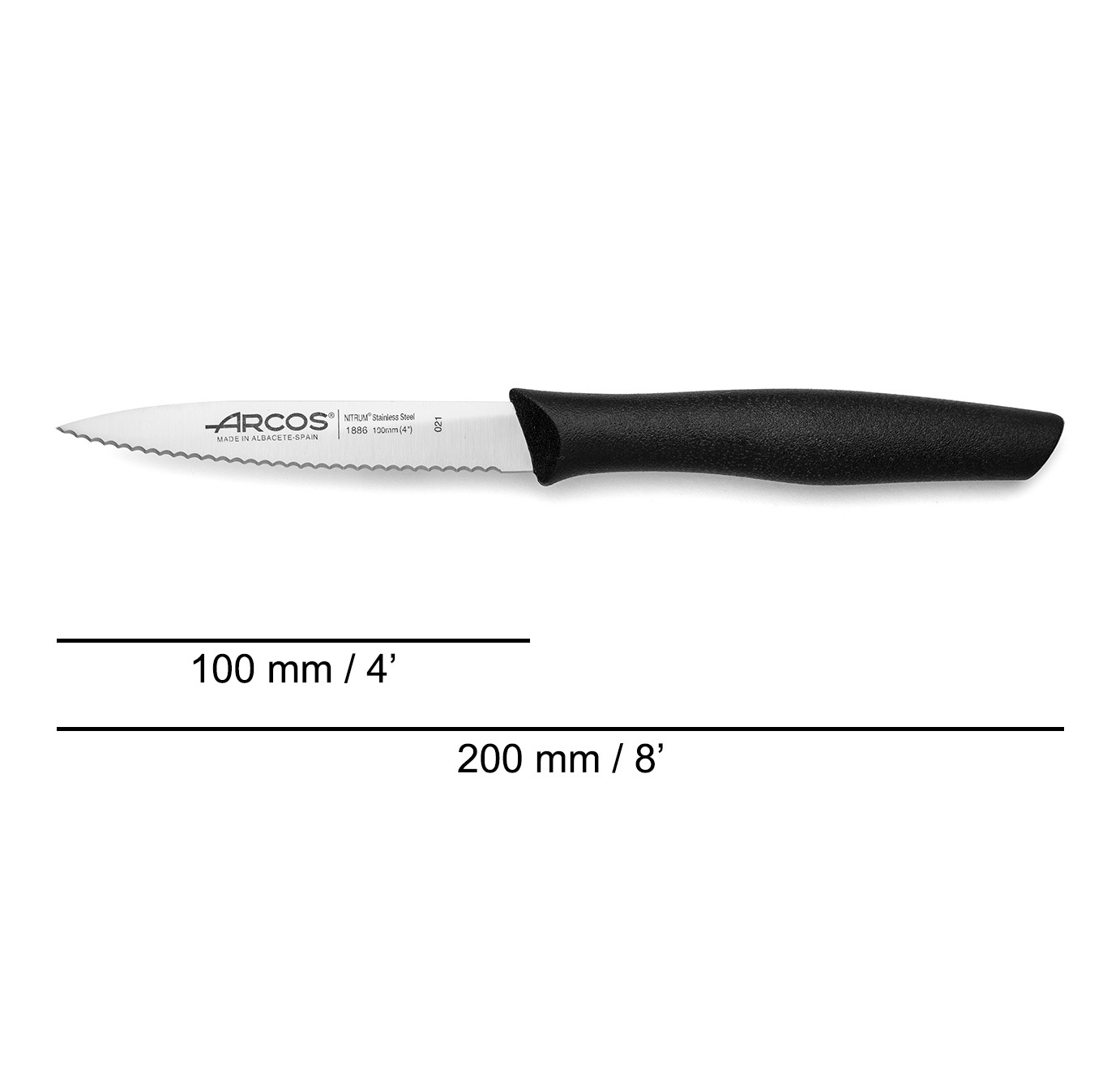 Arcos Nova 3-piece paring knife set: 1 curved knife with a 60mm blade, 1 serrated pointed knife, and 1 smooth-edged knife with a 100mm blade and a black polypropylene handle
