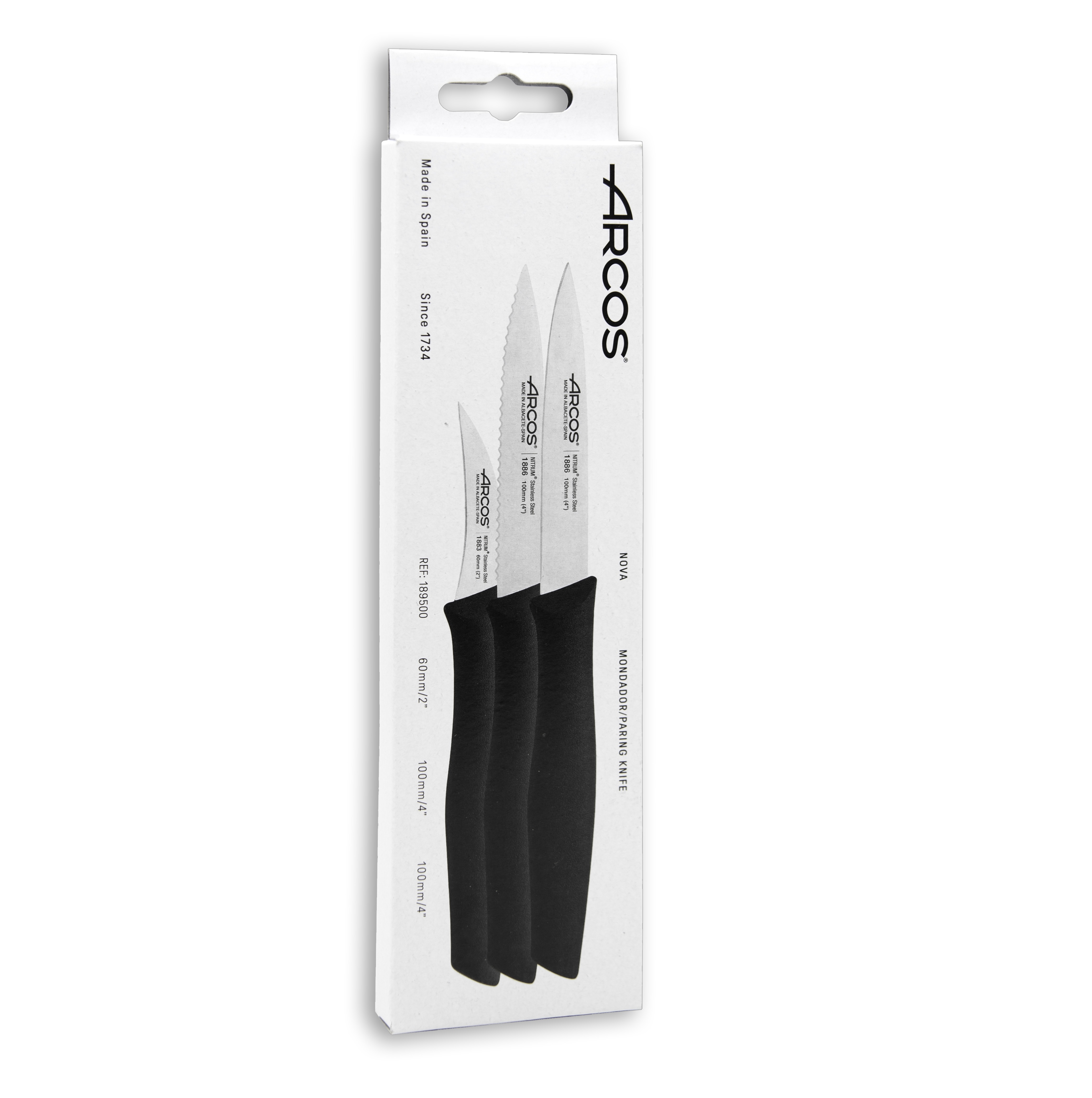 Arcos Nova 3-piece paring knife set: 1 curved knife with a 60mm blade, 1 serrated pointed knife, and 1 smooth-edged knife with a 100mm blade and a green polypropylene handle