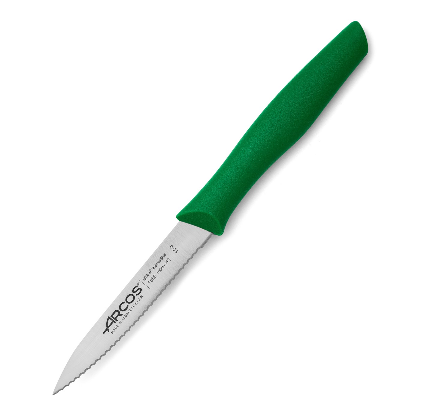 Arcos Nova 3-piece paring knife set: 1 curved knife with a 60mm blade, 1 serrated pointed knife, and 1 smooth-edged knife with a 100mm blade and a green polypropylene handle
