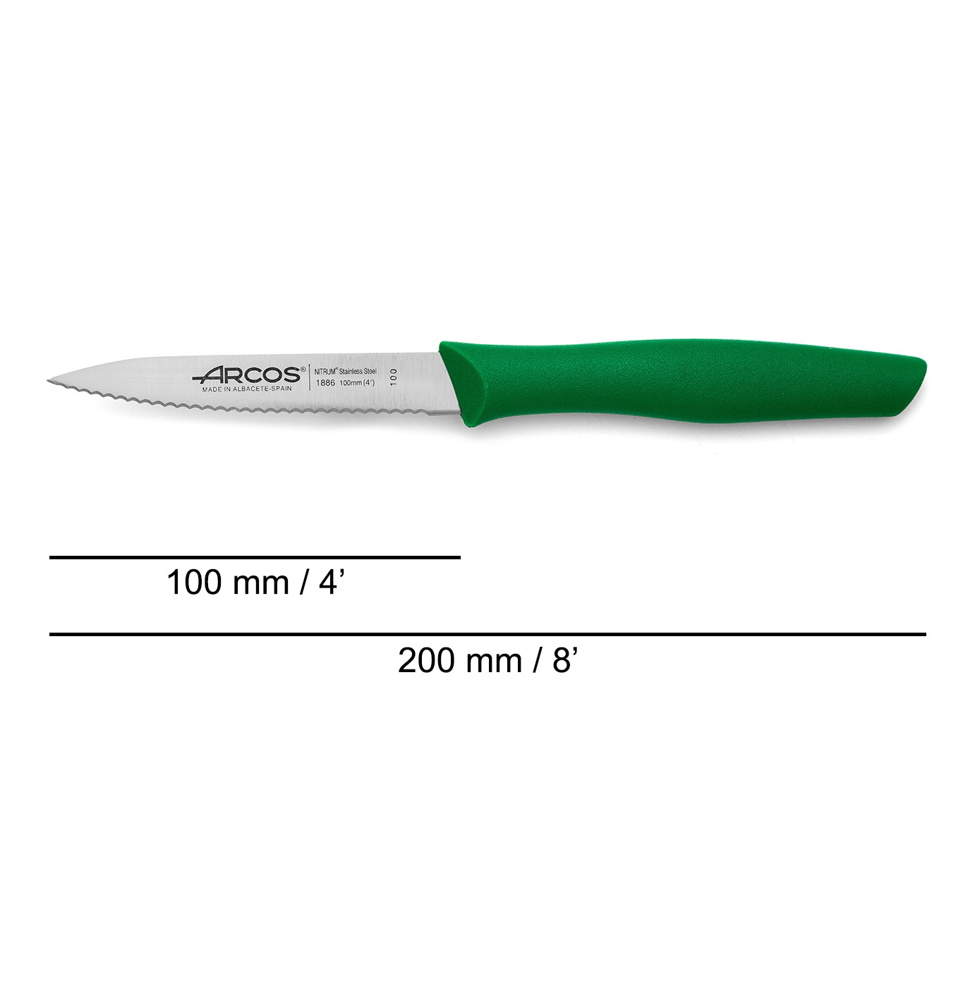 Arcos Nova 3-piece paring knife set: 1 curved knife with a 60mm blade, 1 serrated pointed knife, and 1 smooth-edged knife with a 100mm blade and a green polypropylene handle