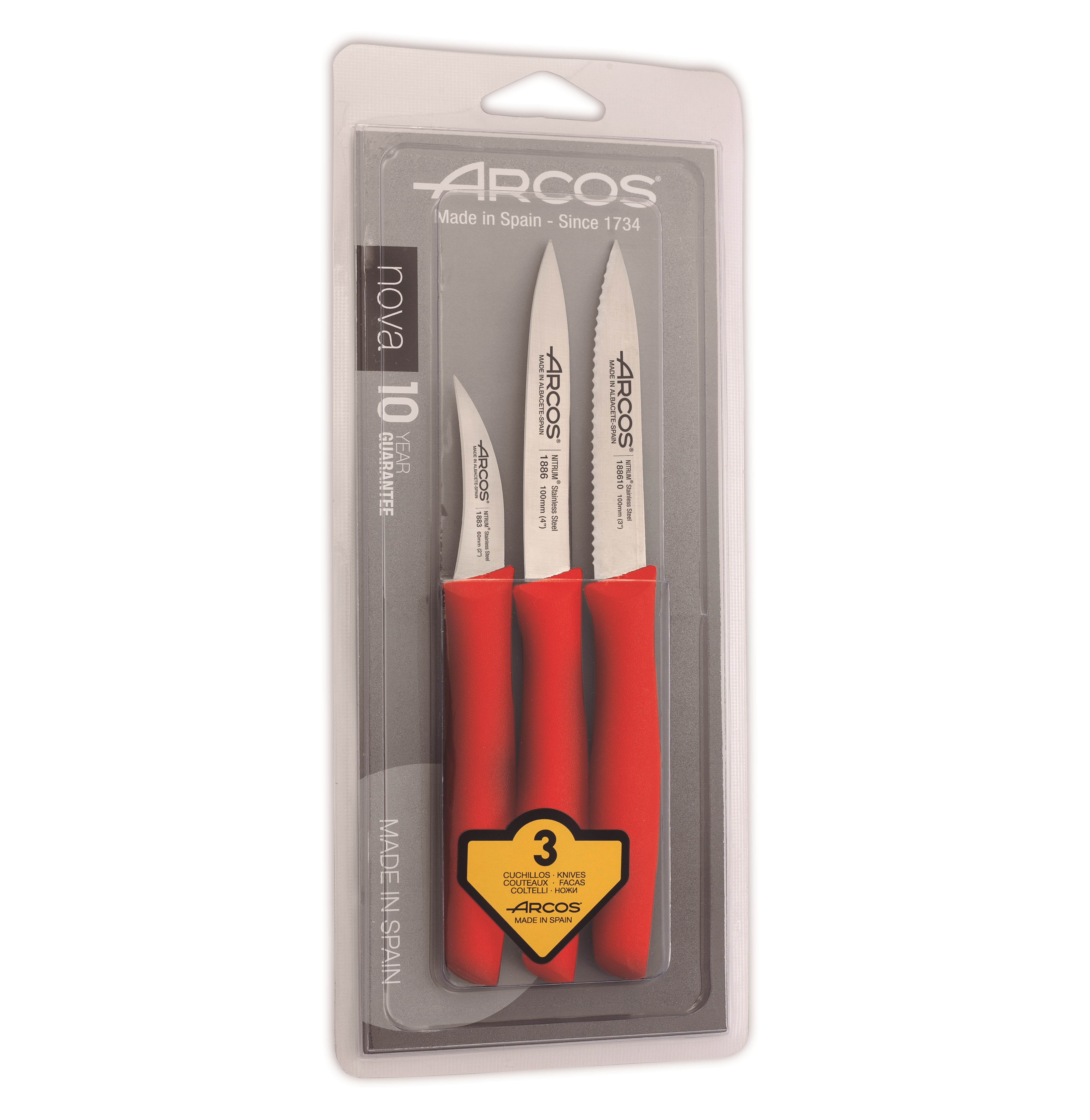 Arcos Nova 3-piece paring knife set: 1 curved knife with a 60mm b...