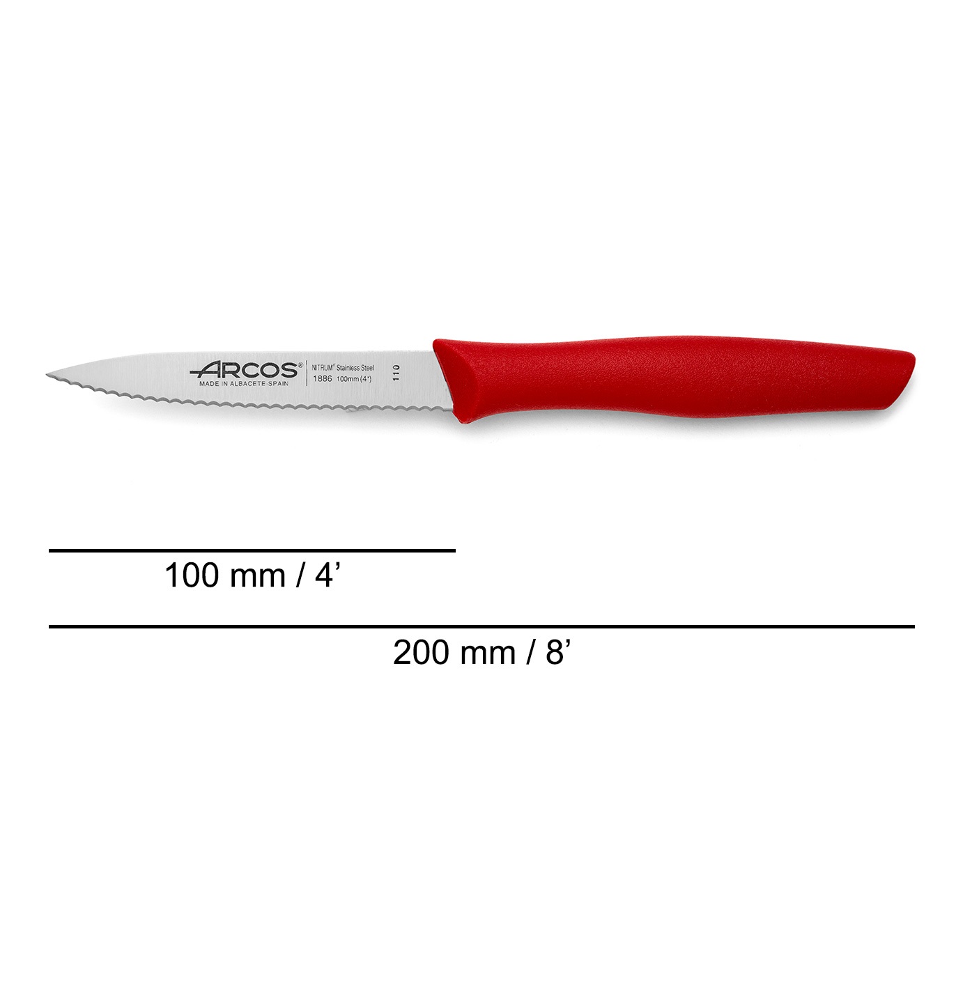 Arcos Nova 3-piece paring knife set: 1 curved knife with a 60mm blade, 1 serrated pointed knife, and 1 smooth-edged knife with a 100mm blade and a red polypropylene handle