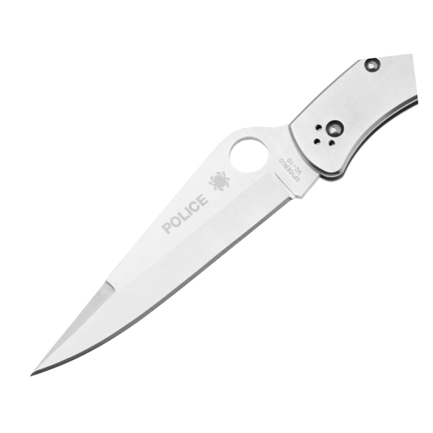 Couteau Spyderco Police C07P en acier inoxydable, lame VG10 à tranchant plat et manche en acier inoxydable.