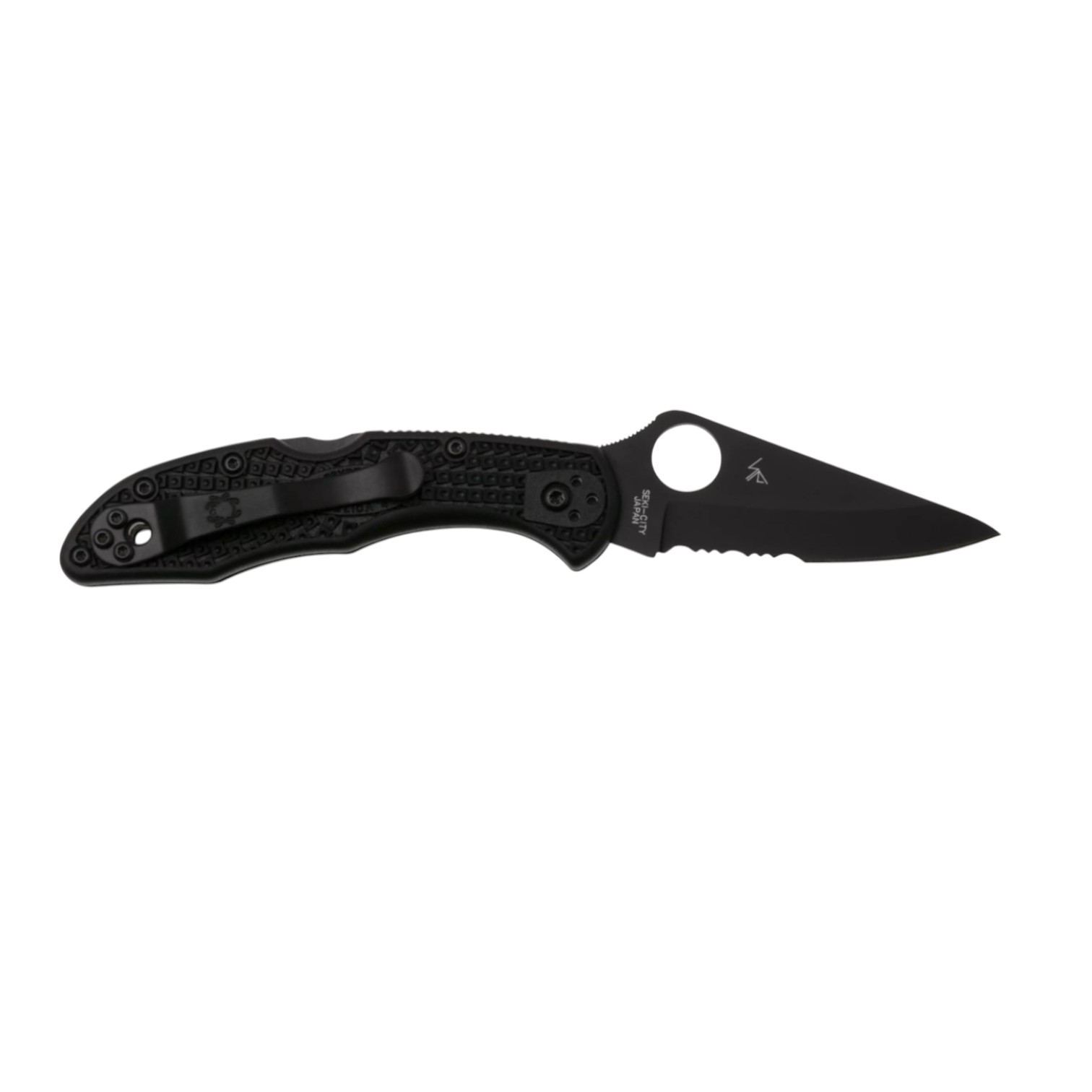 Spyderco Delica 4 C11PSBBK lockback knife with black FRN handle and black blade with semi-serrated edge