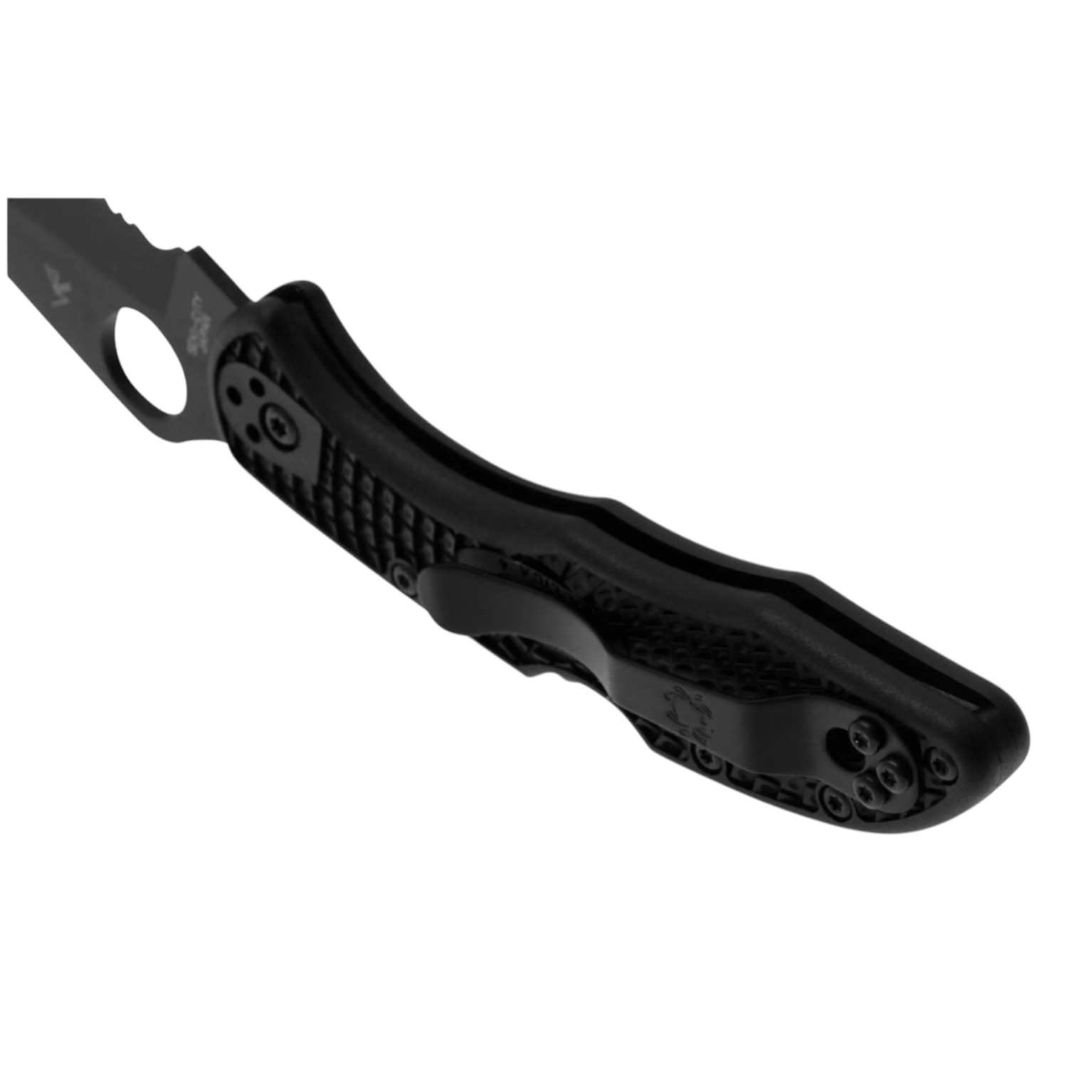 Spyderco Delica 4 C11PSBBK lockback knife with black FRN handle and black blade with semi-serrated edge