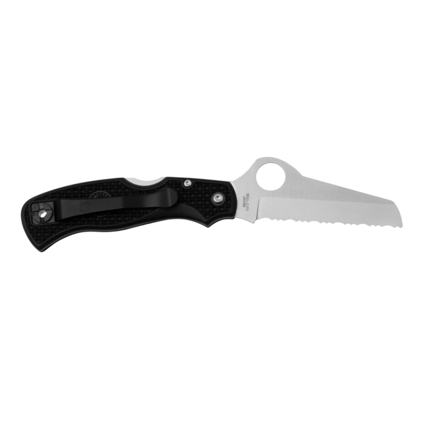 Couteau de poche Spyderco Rescue Black C45SBK avec lame dentelée de 79 mm en acier VG10 et manche en FRN noir