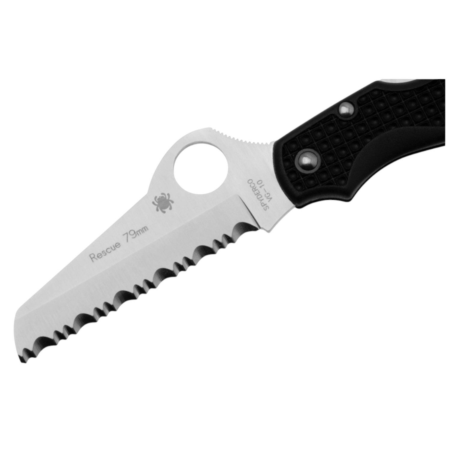 Couteau de poche Spyderco Rescue Black C45SBK avec lame dentelée de 79 mm en acier VG10 et manche en FRN noir
