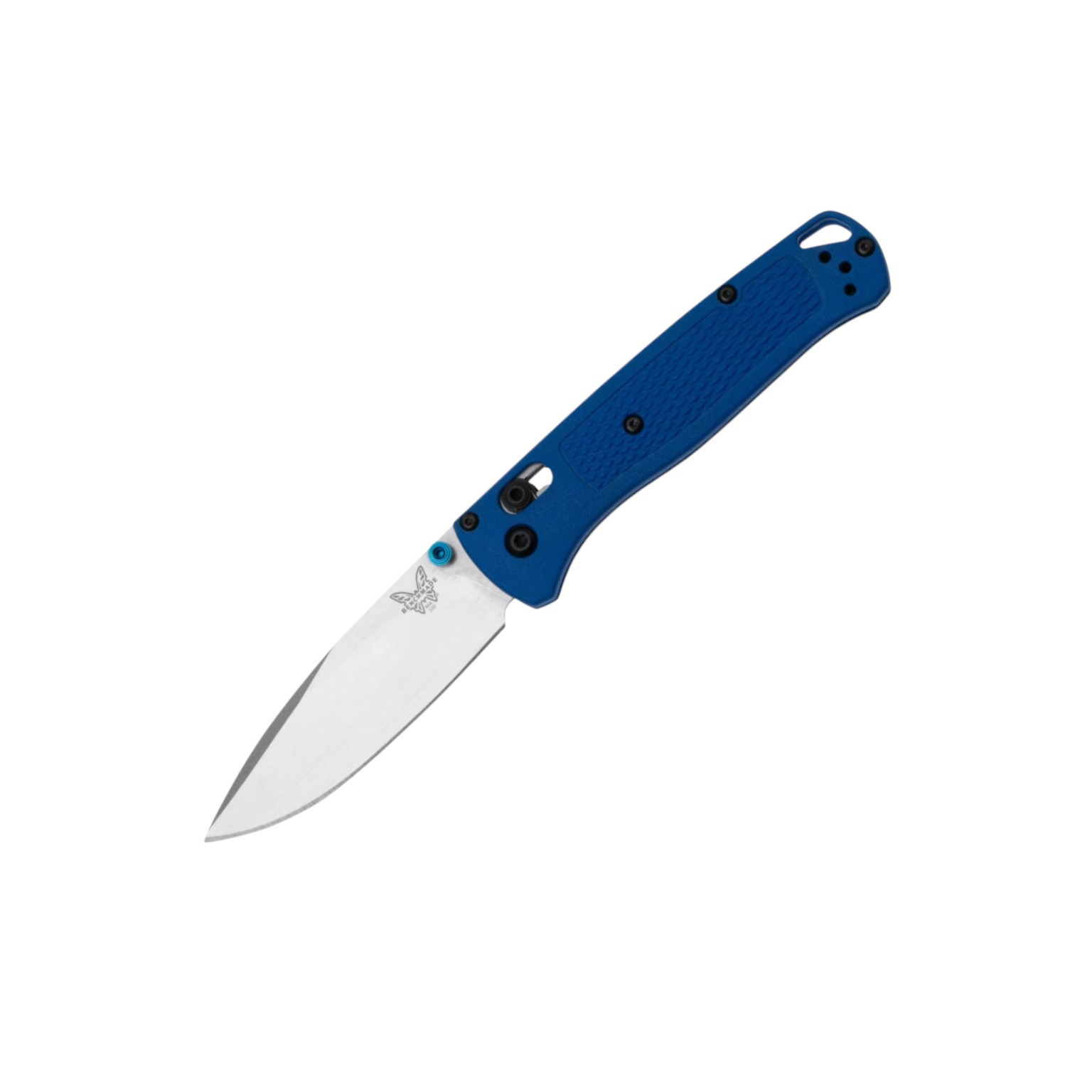 Benchmade bugout knife with blue grivory handle and 8.2 cm stonew...