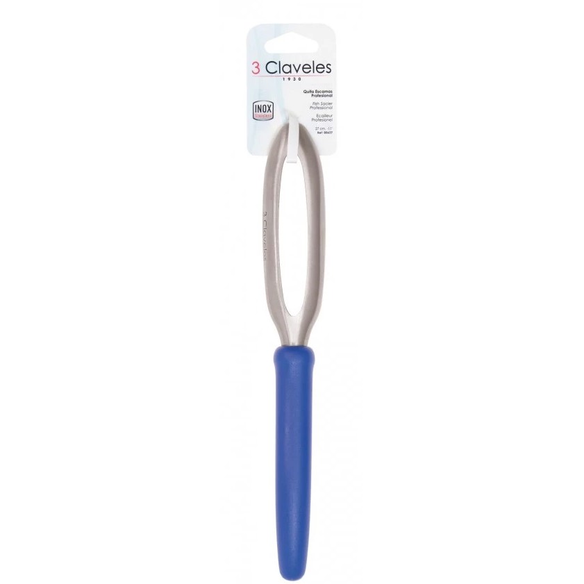 Écailles de poisson professionnelles en acier inoxydable avec manche bleu 3 Claveles