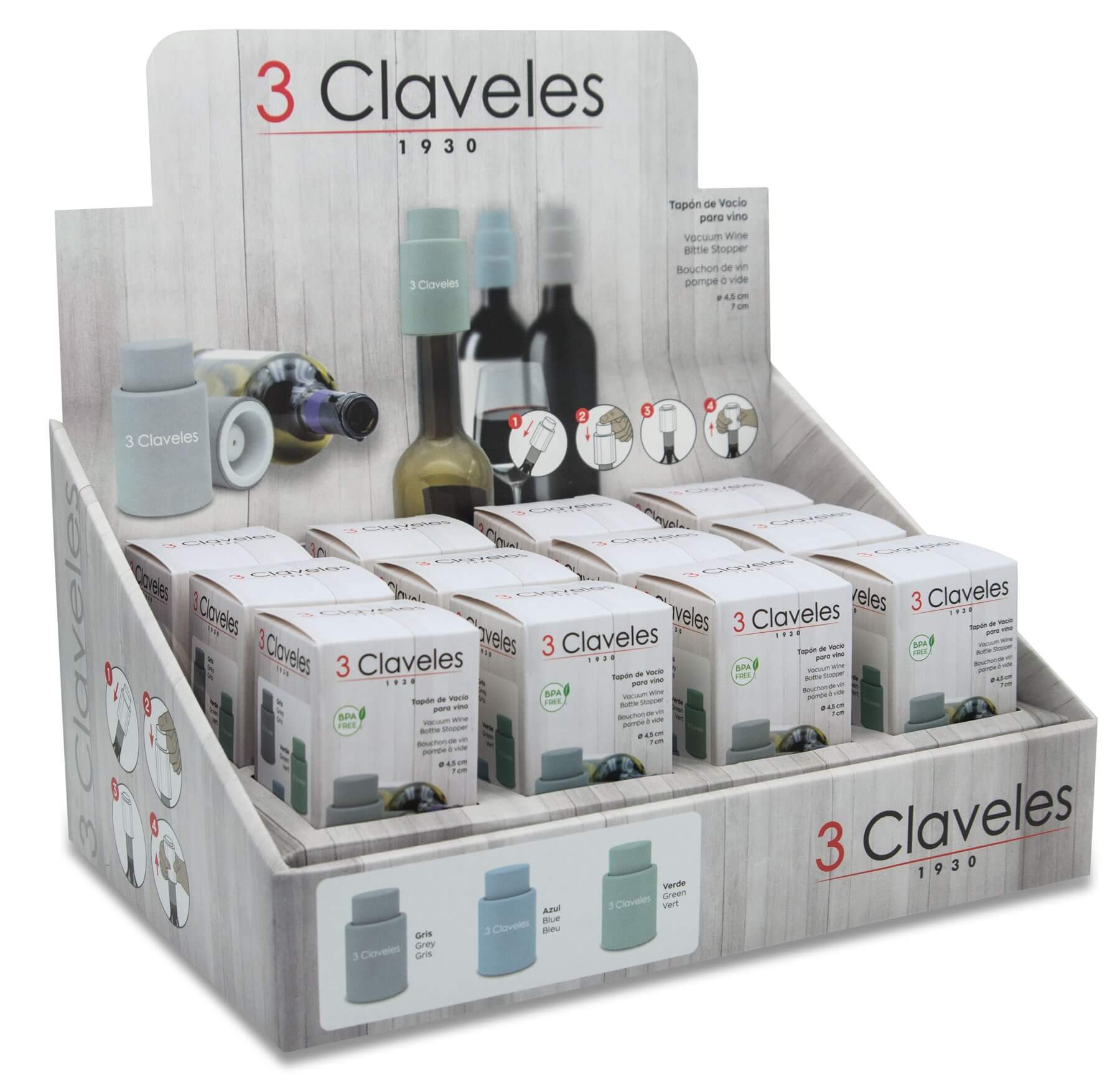3 Claveles BPA Free Vacuum Wine Stopper, 12-pack display, assorted colors