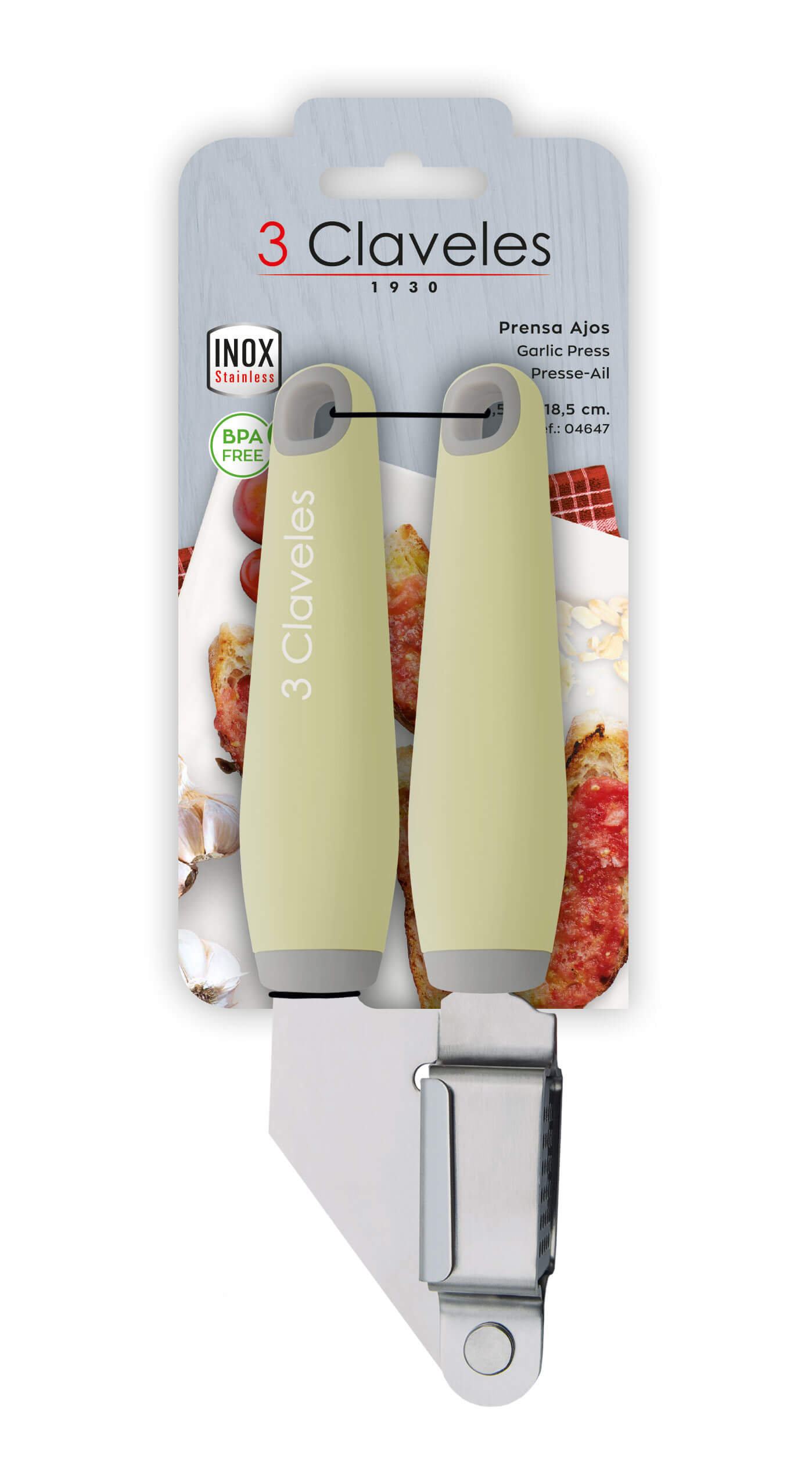 Stainless steel garlic press with TPR and polypropylene handle, 3 Claveles BPA Free