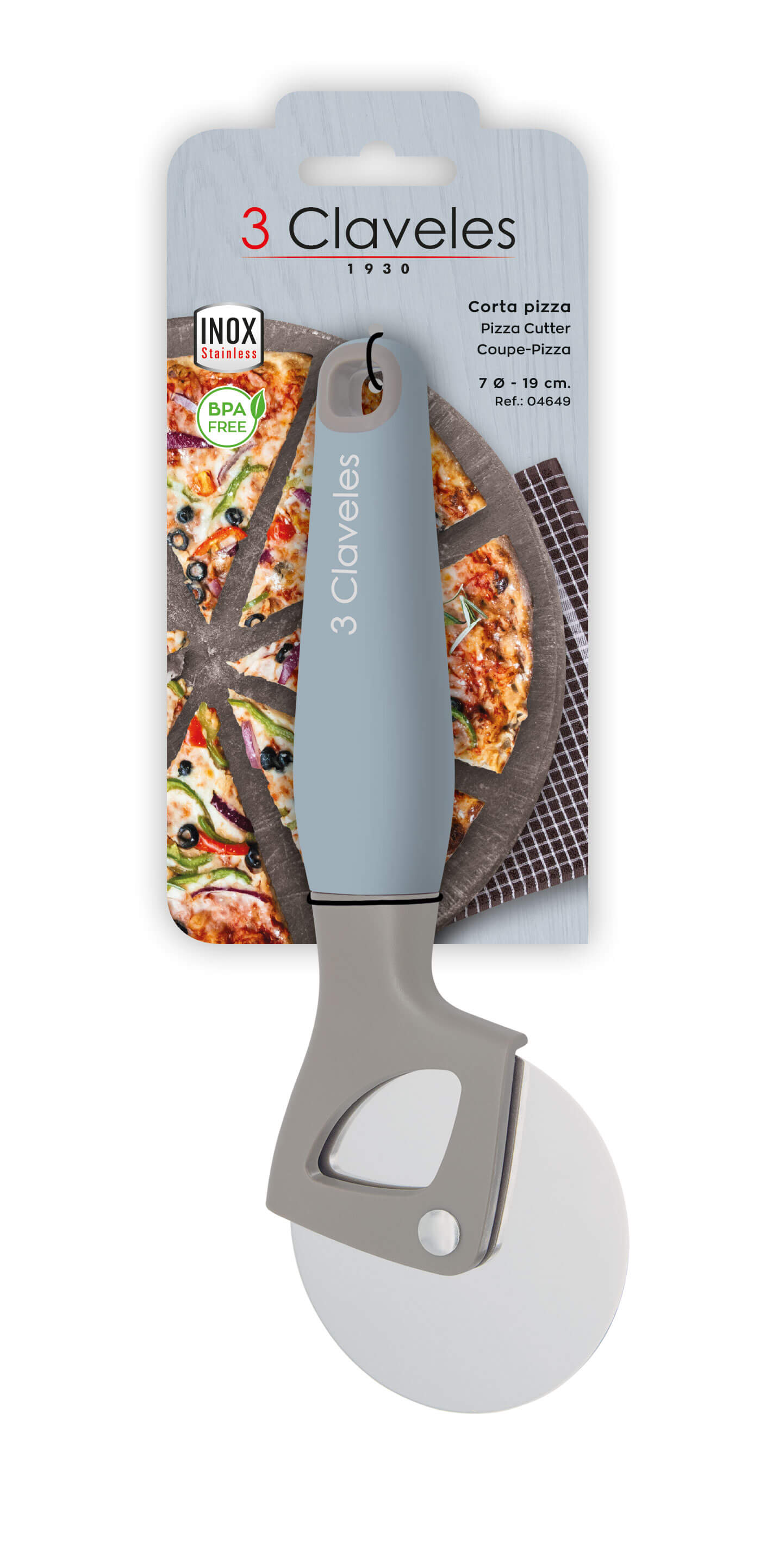 Stainless steel pizza cutter with TPR and polypropylene handle, 3 Claveles BPA Free