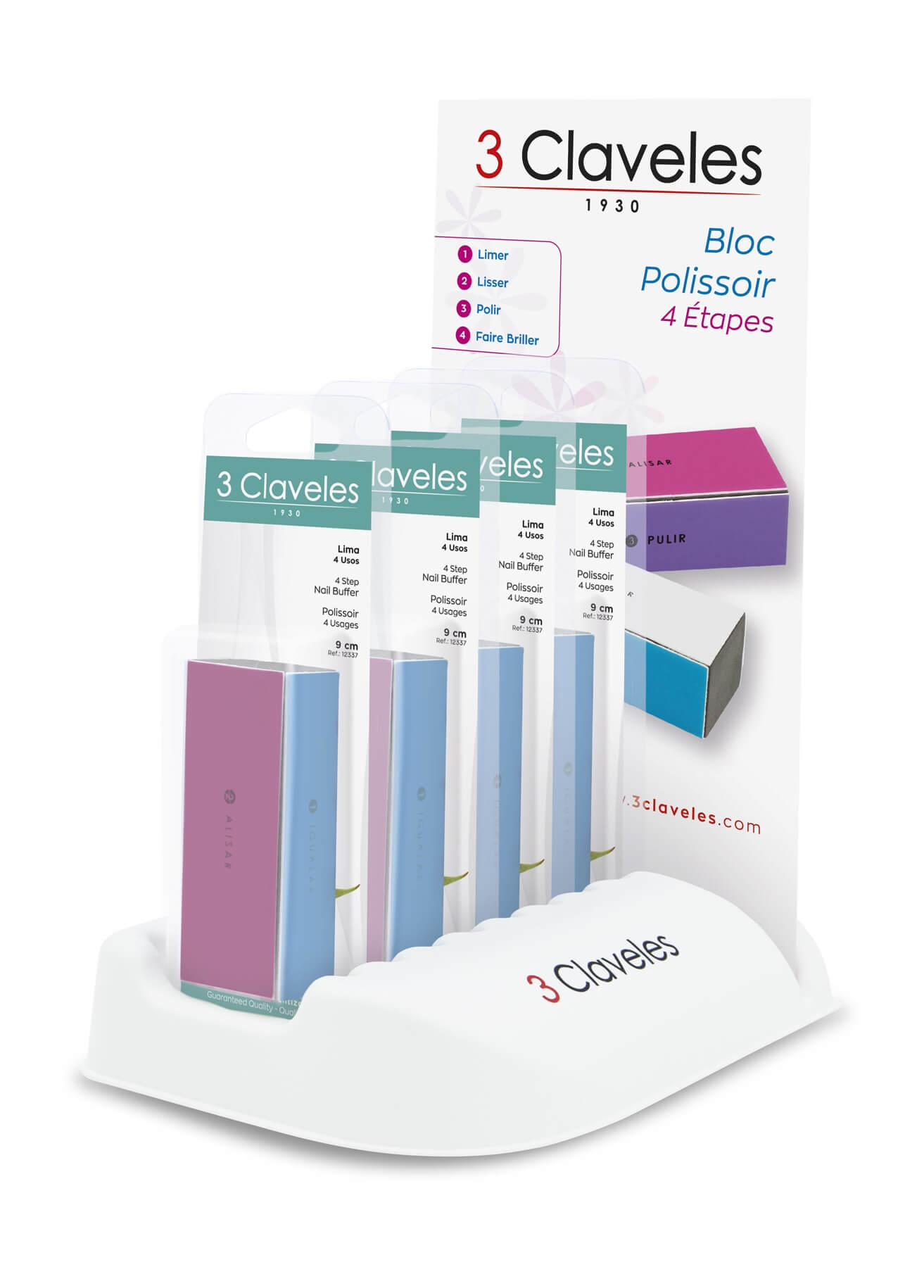 Display of 12 manicure files, 4 uses, 3 Claveles brand, in bliste...