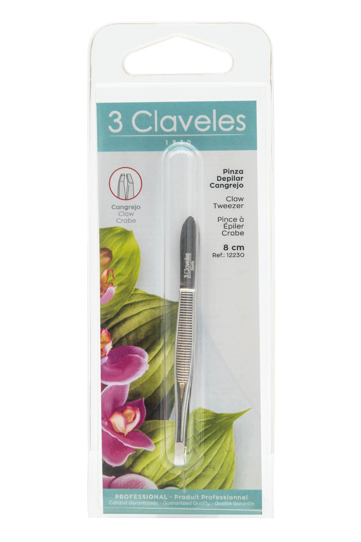 3Claveles Crab-Shaped Carbon Steel Tweezers with Bright Nickel Finish, Blister Pack