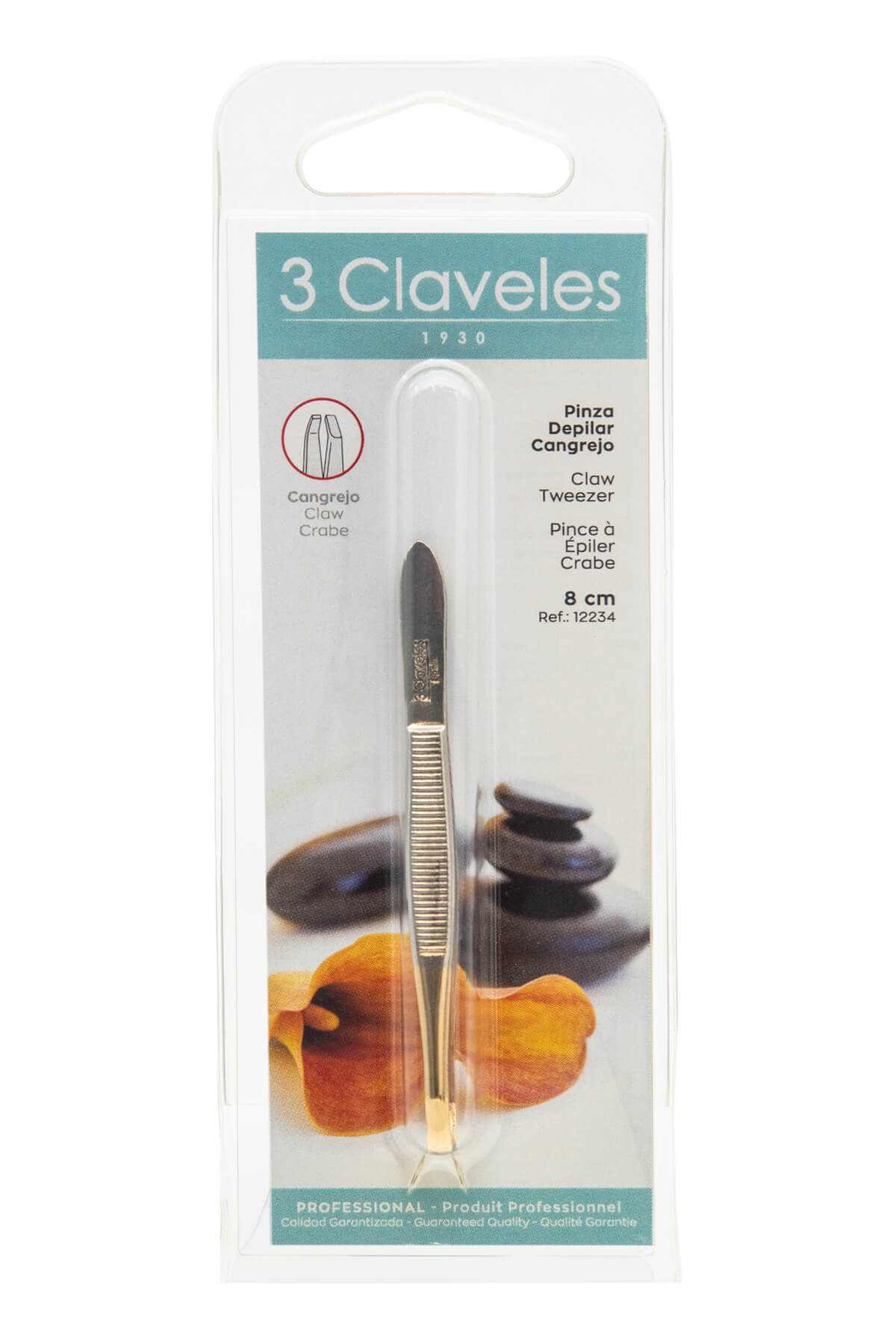 3Claveles Crab-Shaped Carbon Steel Tweezers with Gold Tips, Blister Pack