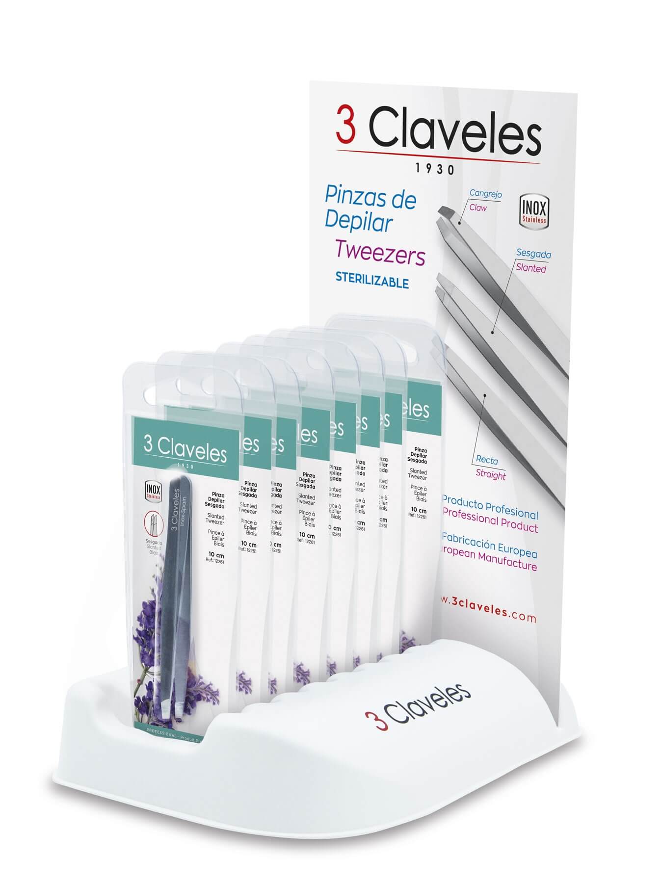 Display of 24 tweezers, 3 models: straight, slanted and crab, 3 C...