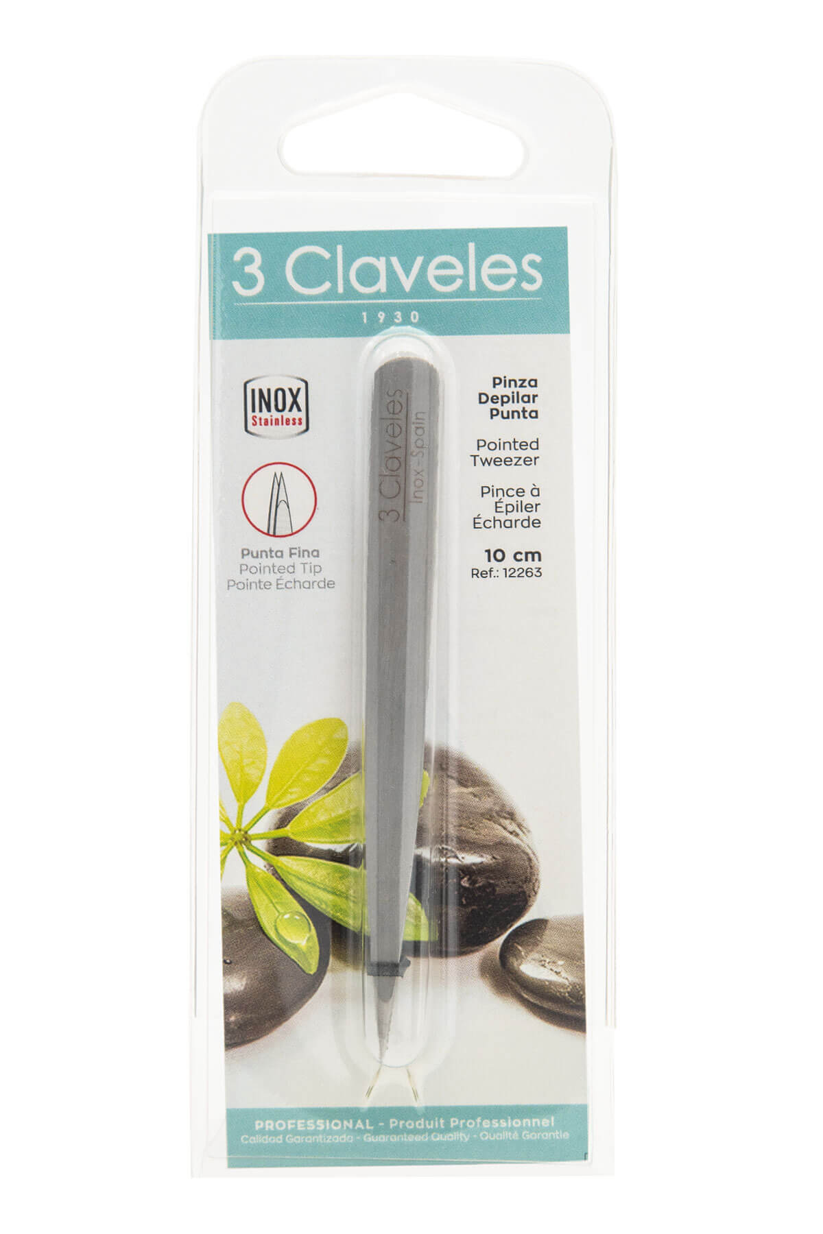3Claveles stainless steel tweezers with pointed tips in blister pack